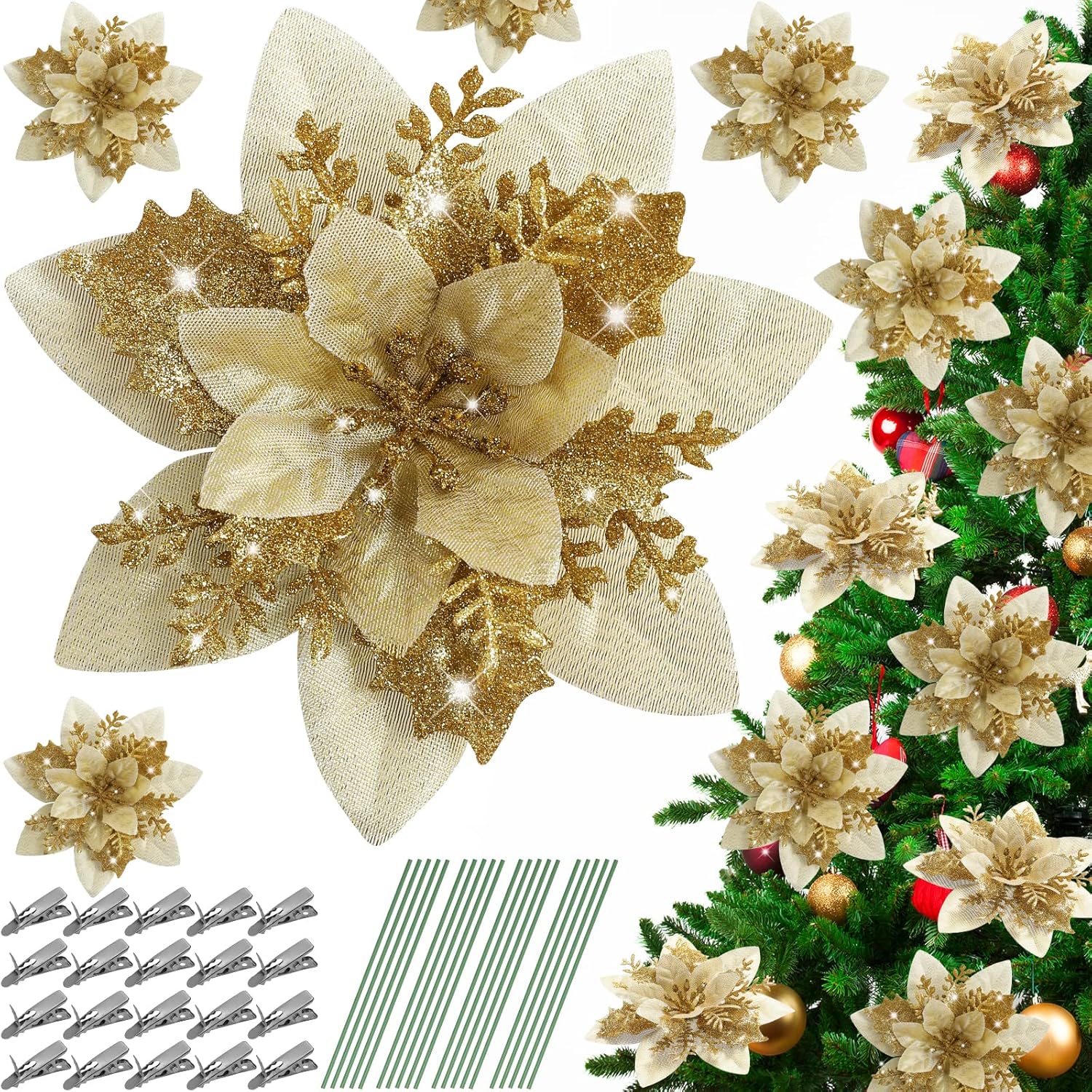 Serwalin 20pcs Christmas Flowers Artificial Gold Poinsettia Flowers ...