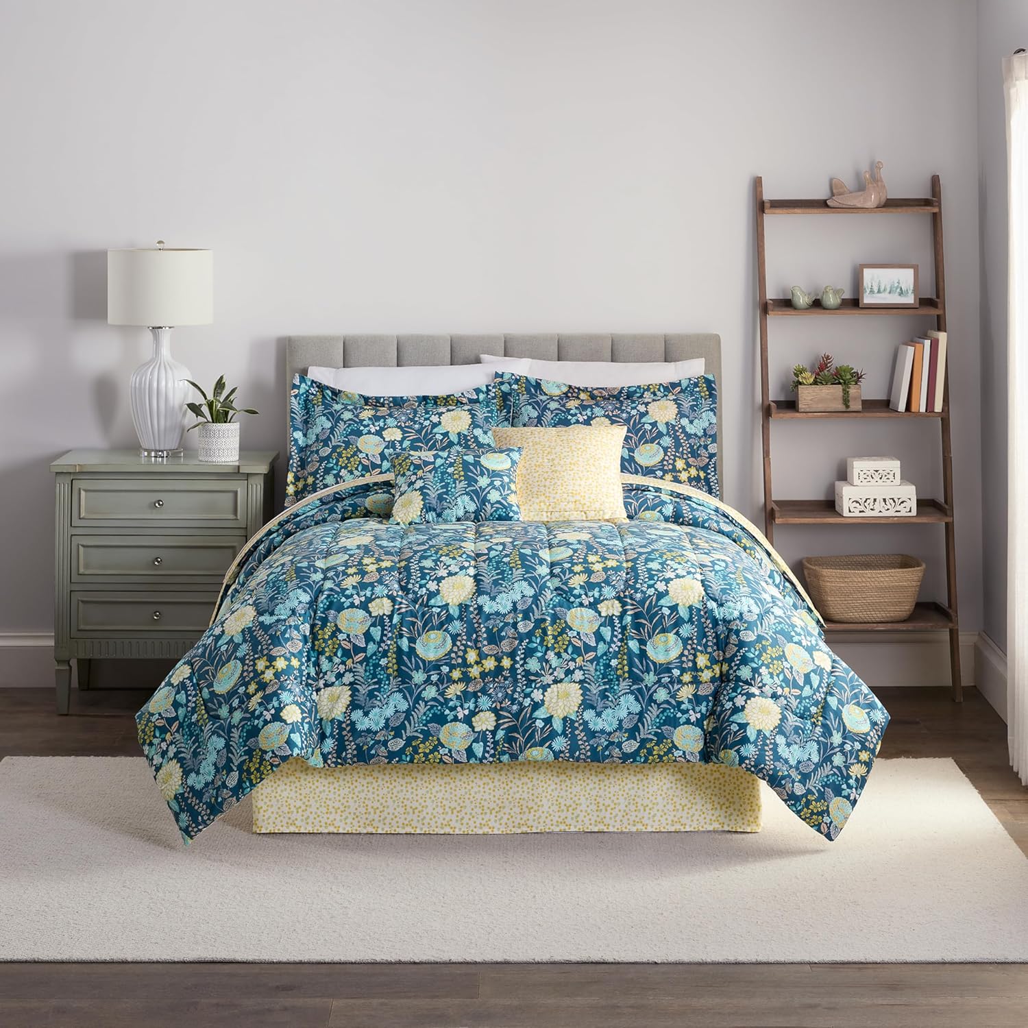 Traditions by Waverly Vintage Fiona Floral 6 Piece Pattern Bedding Set, King Comforter Set, All Season Bed Set Including Comforter, Two Shams & More, Machine Washable King Bed Set, Blue