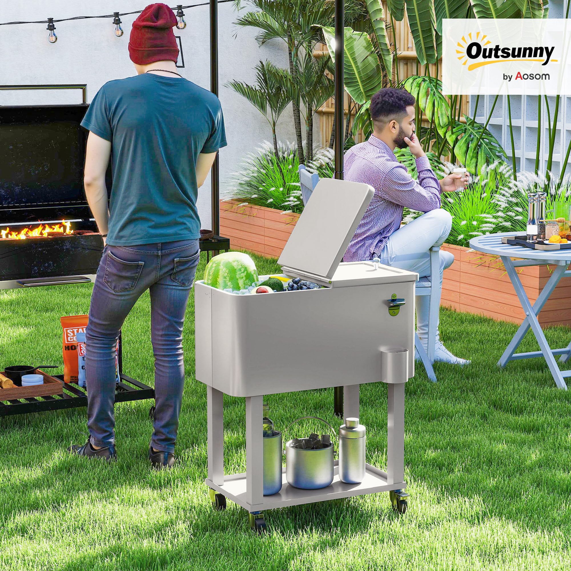 Outsunny Carro de Bebidas Refrigerado 56L Carro Nevera con Ruedas Abrebotellas y Estante para Patio Fiesta Terraza 67x35x80 cm