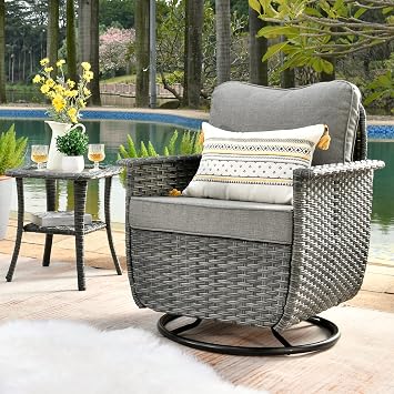 ovios Patio Swivel Chair with Side Table, Outdoor Wicker Rattan Rocking Chair Set with Glass Table Comfy Cushions for Porch Deck Garden Grey, Dark Grey