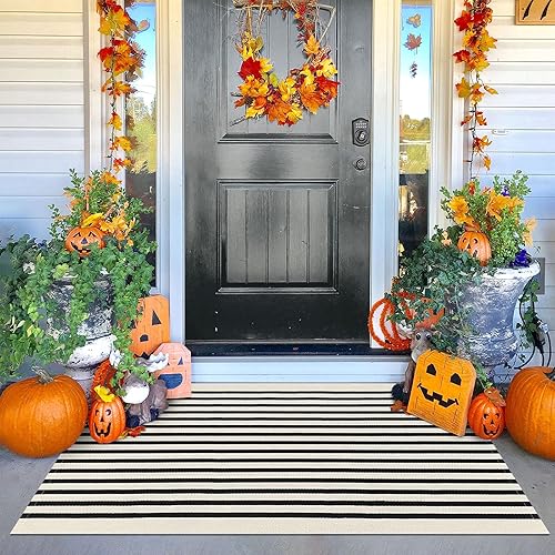 Miniatura 52 de KOZYFLY - Alfombra a rayas para exteriores de 3 x 5 pies, color rojo y negro, alfombra tejida a mano, lavable, tapete para exteriores, para entrada