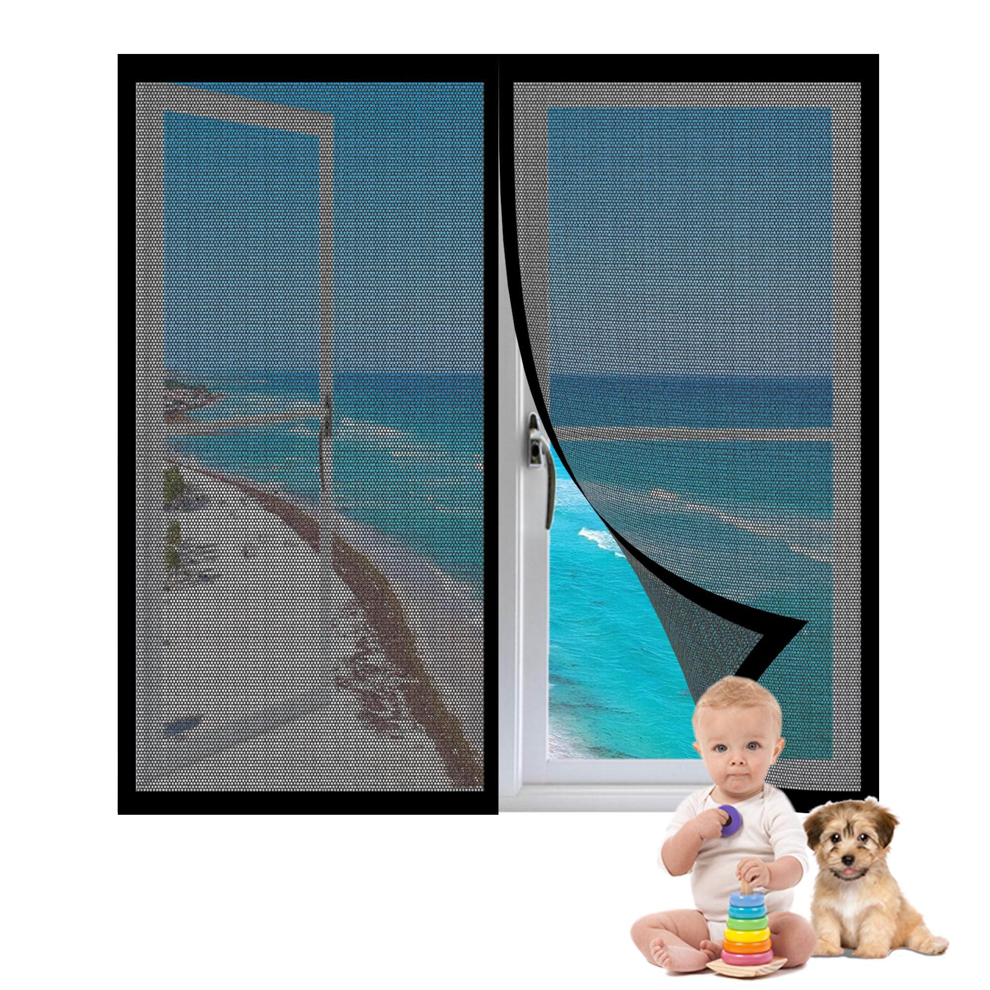 Ztaopsh Black Magnetic Fly Screen For Windows 128 X 122 Cm Powerful Magnets Snap Shut Automatically Without Drilling Easy To Install For All Kinds Of Window Door,
