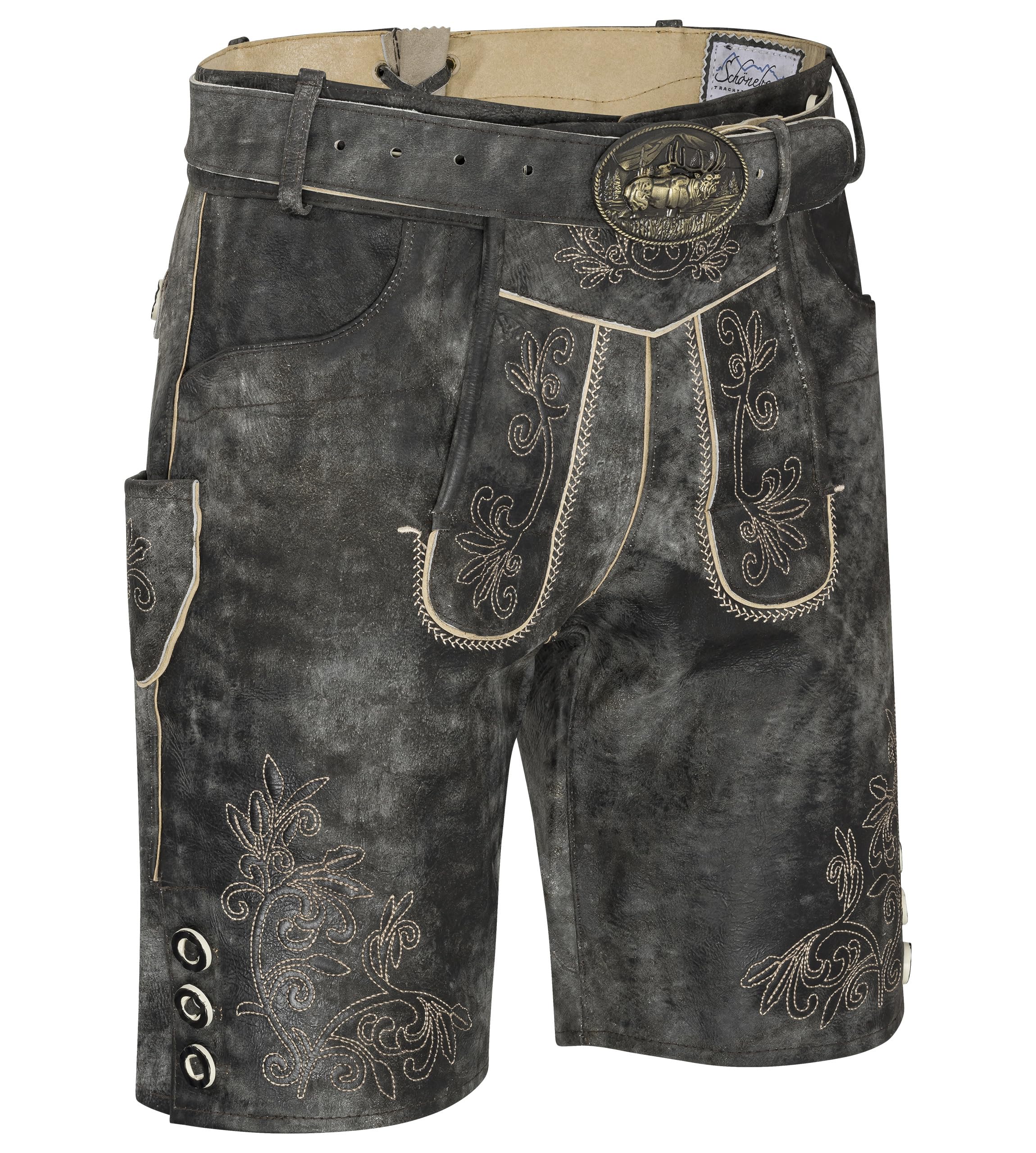 Schöneberger Trachten Couture Herren Lederhose kurz mit Trachtengürtel, Trachtenlederhose für Oktoberfest, Original Nubuk-Leder, Wolfsklamm