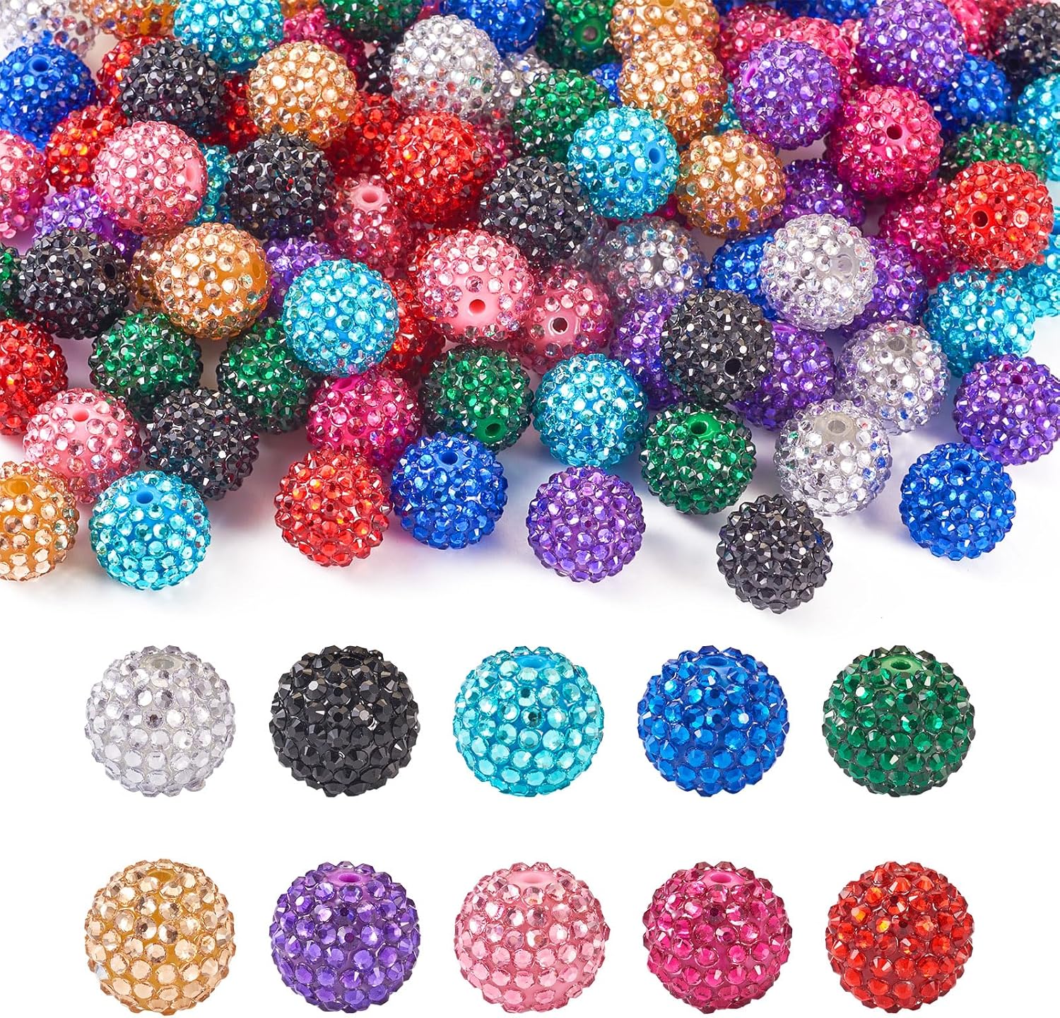 Beadthoven 100PCS 20mm Rhinestone Christmas Beads - 10 Colors Chunky Bubblegum Round Disco Ball Resin Crystal for DIY Pens, Jewelry Making, Garland, Xmas Tree Ornaments
