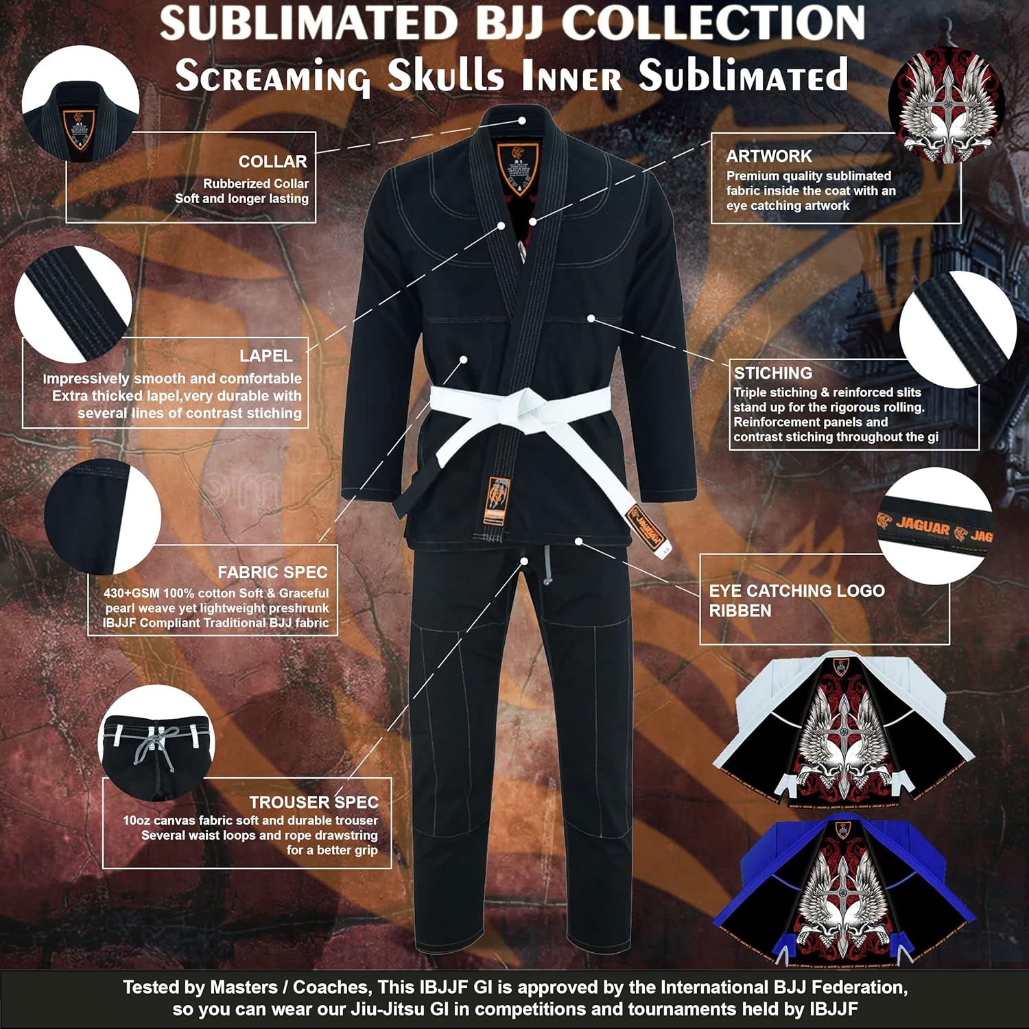 Jaguar Pro Gear – Screaming Skulls Inner Sublimated - Pro Brazilian Jiu Jitsu BJJ Kimono Gi Uniform Unisex - Belt Included