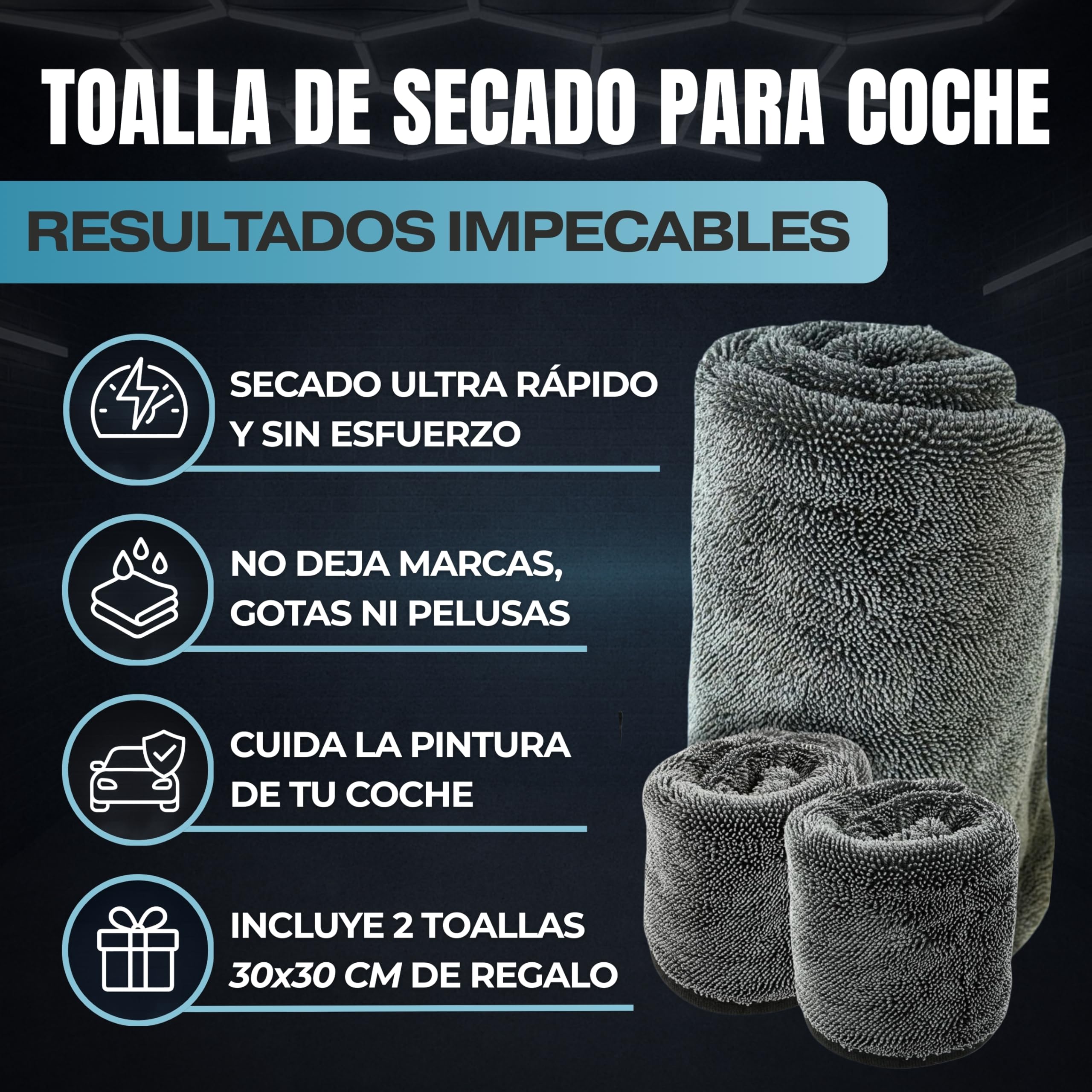 FENORA® Toalla Secado Coche 1200GSM (60×40cm) + 2 Paños Extra (30×30cm) + Bolsa Zip – Toalla Microfibra Coche Premium para Detailing Ultra Absorbente, No Raya — view 2