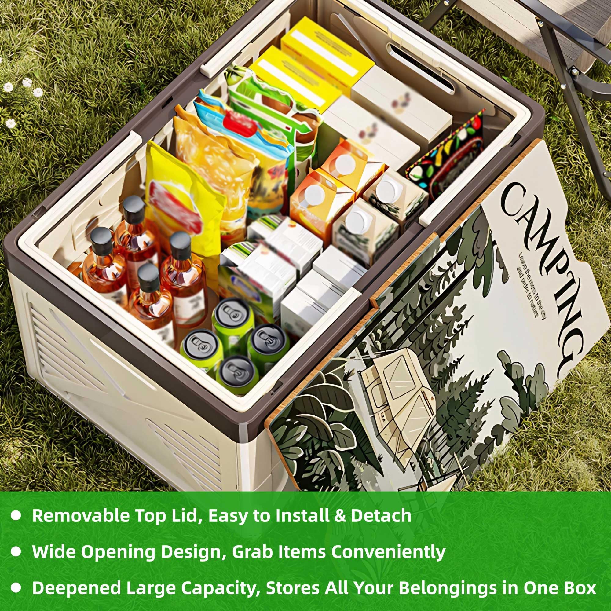 Faltbare Camping Outdoor Aufbewahrungsbox mit Decke und Griff | Stapelbar Kunststoff Auto Kofferraum Organizer Aufbewahrung, Holzdeckel, für Reisen, Familien, Garten Party, Picknick