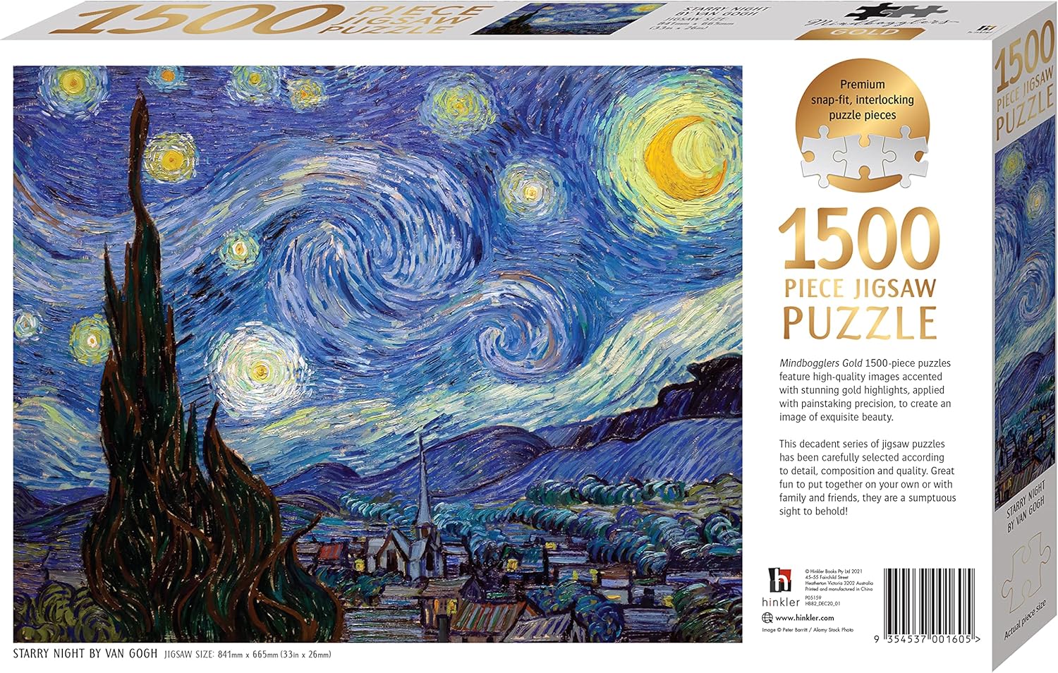Mindbogglers Gold 1500-Piece Jigsaw Puzzle: Starry Night by Van Gogh - Jigsaws for Adults - Deluxe Jigsaw Puzzles - 33x26in - Intricate Puzzles - Advanced Jigsaws - Hobbies - Gold Foil Jigsaw Puzzles