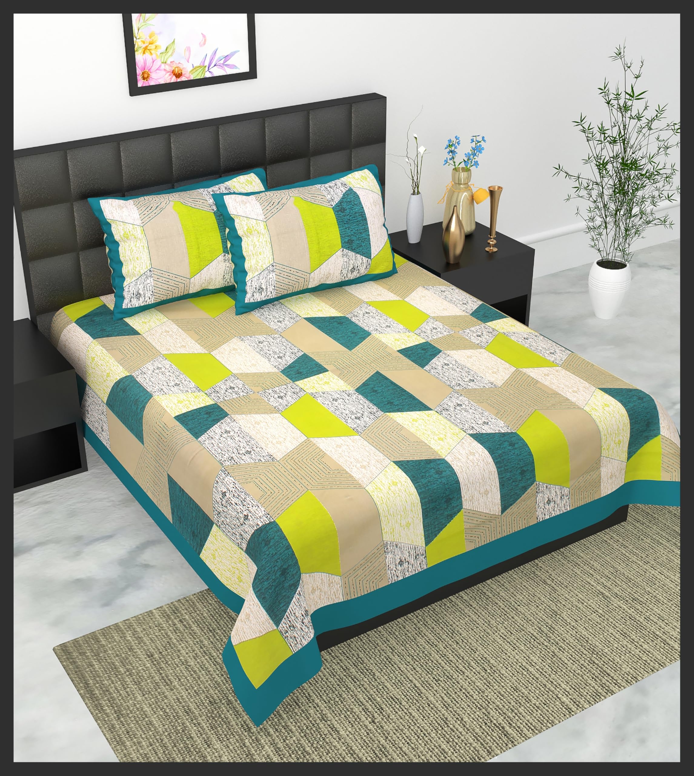 Geometric Quilt Set with 2 Pillow Covers, Teal Green Beige Pattern, Double Bed Bedspread, Modern Patchwork Design
