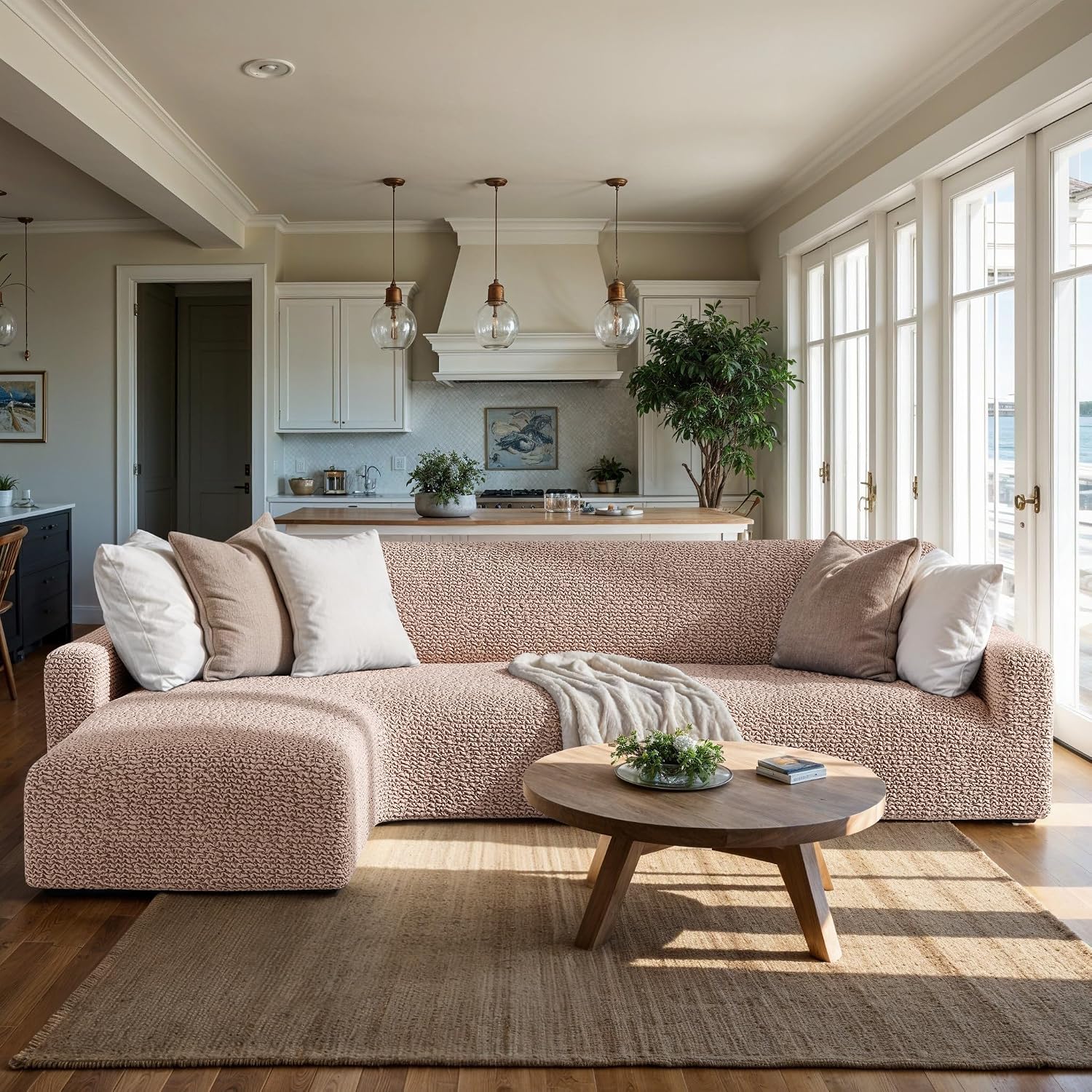 PAULATO BY GA.I.CO. Stretch Sectional Sofa Slipcovers 1-Piece Non-Slip – Elastic L Shape Couch Cover – Soft Furniture Protector Washable – Blush Taupe (Left-Facing Chaise 70"-145" Wide)