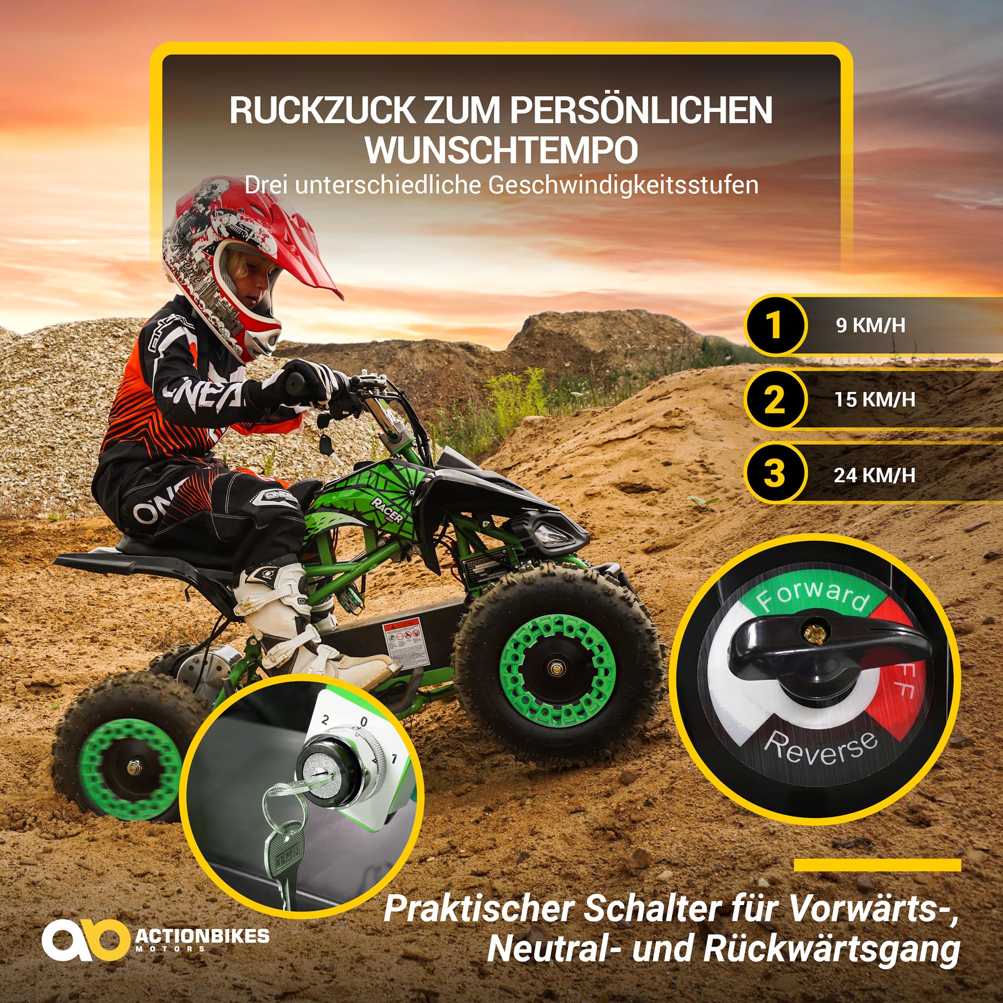 Actionbikes Motors Kinder Quad Elektro ATV Racer | 𝟑𝟔 Volt 𝟭𝟬𝟬𝟬 Watt Motor bis 𝟐𝟒 km/h - Kinderquad - Pocket Quad - Safety Touch Fußschalter - Für Kinder ab 8 Jahren (1000 Watt Schwarz/Grün)