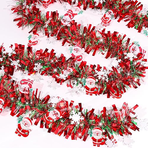 Miniatura 2 de Guirnalda de oropel de Navidad roja y verde de 50 pies con adornos de copo de nieve de Papá Noel, guirnalda metálica de Navidad para decoración de