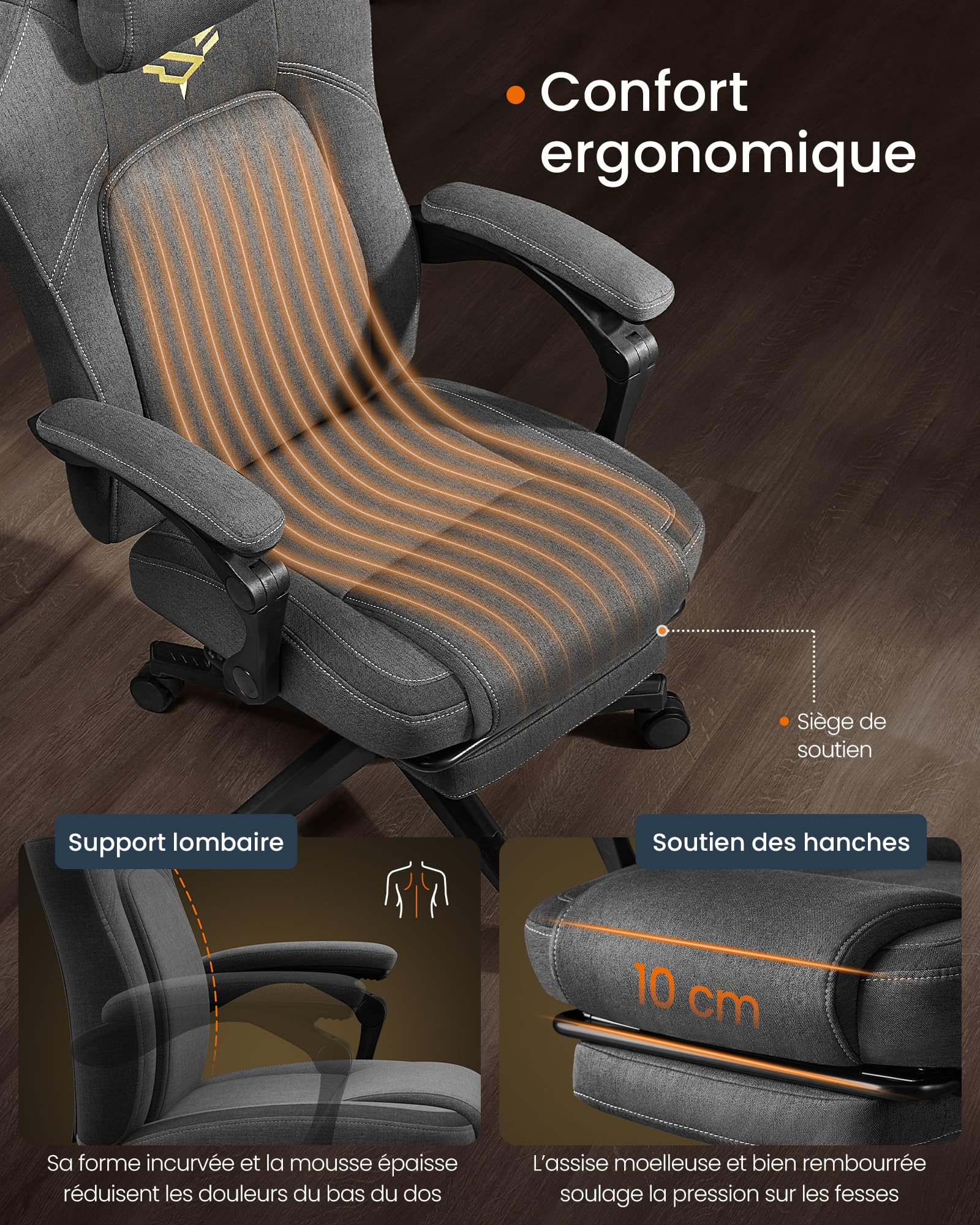 SONGMICS HOME Fauteuil Gaming, Chaise de Bureau Ergonomique avec Repose-Pieds, Chaise Gamer avec Appui-tête, Coton-Lin, Hauteur Réglable, Gris Tourterelle OBG072G01V1
