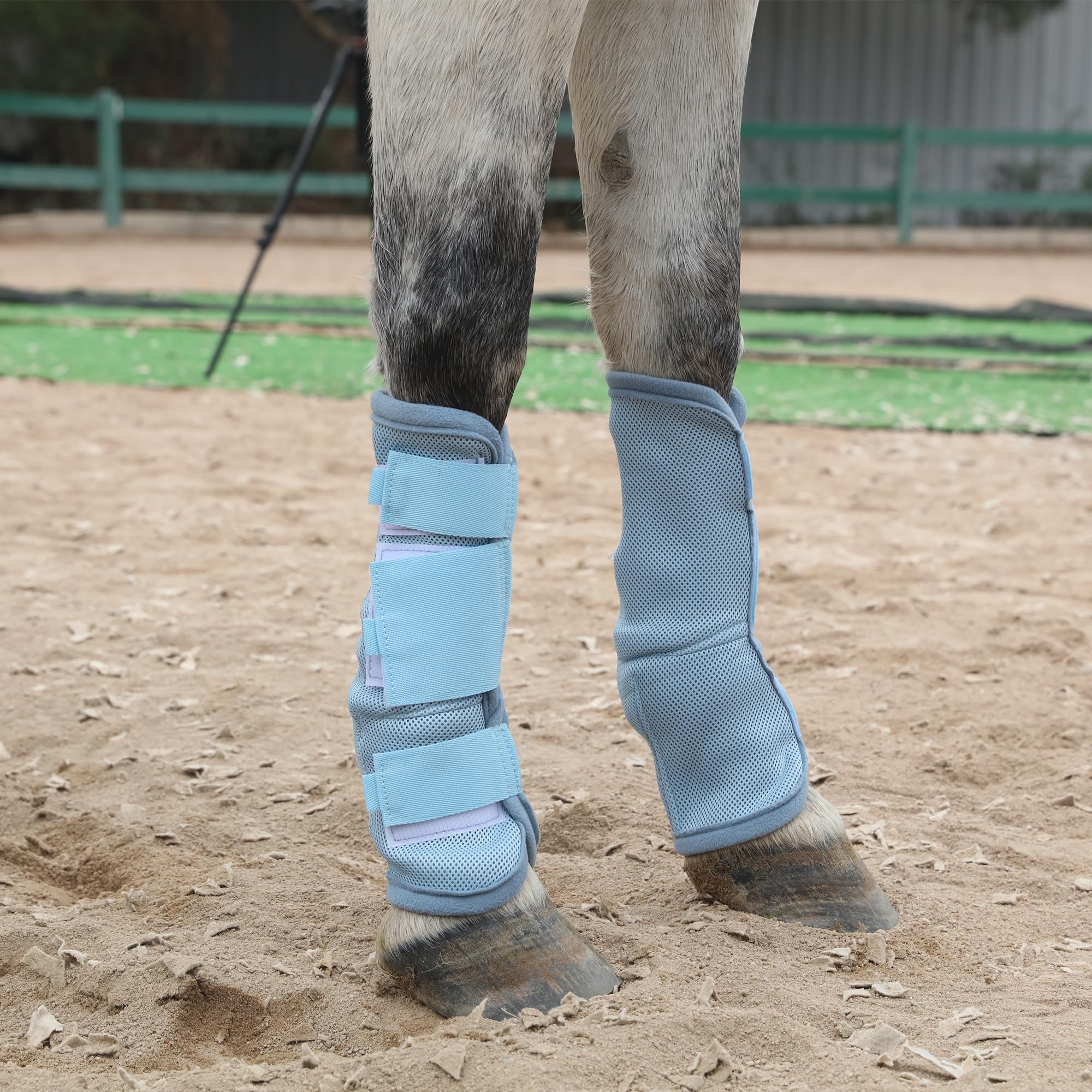 LEAFOREST Juego de 4 botas antimoscas para caballos - Protección antideslizante para patas de burro, poni mini y caballo de tiro, botas de malla transpirable para uso en pastos y establos, azul claro