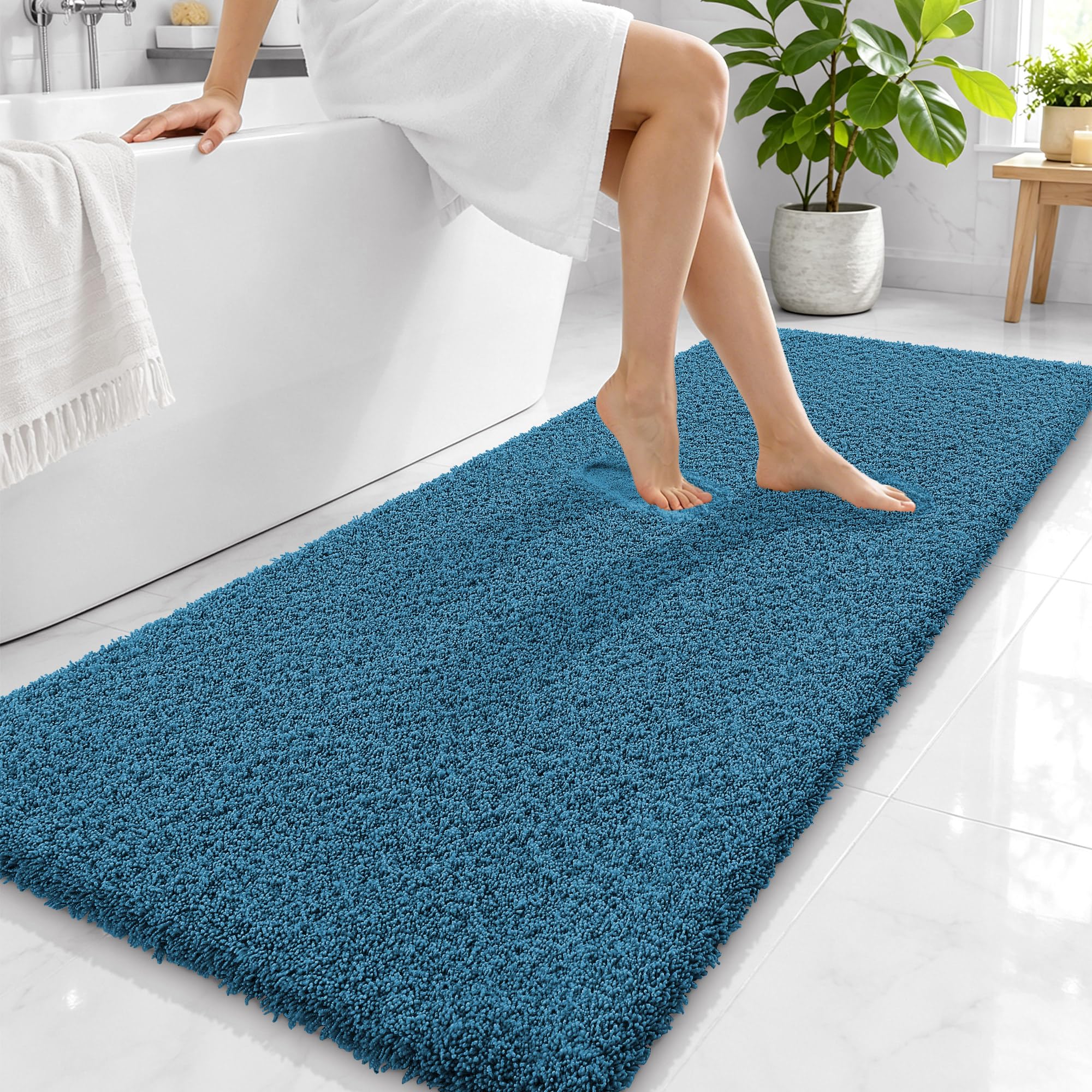 OLANLY Microfiber Bathroom Runner Rugs 59x24, Soft Bath Mat, Peacock Blue