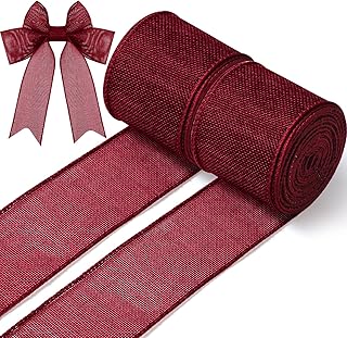 2 Rolls Burgundy Burlap Ribbon Wine Red Wired Edge Ribbon Burgundy Wired Ribbon for Wreaths Solid Maroon Ribbon Fabric Ribbon for Wrapping Bow Wreath Craft Home Wedding Decoration, 10 Yards (2.5 Inch)