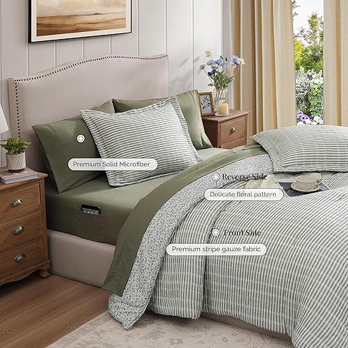 Miniatura 5 de Juego de edredón tamaño Queen, 7 piezas de muselina de gasa verde para todas las estaciones, ropa de cama ligera y transpirable en una bolsa, tamaño