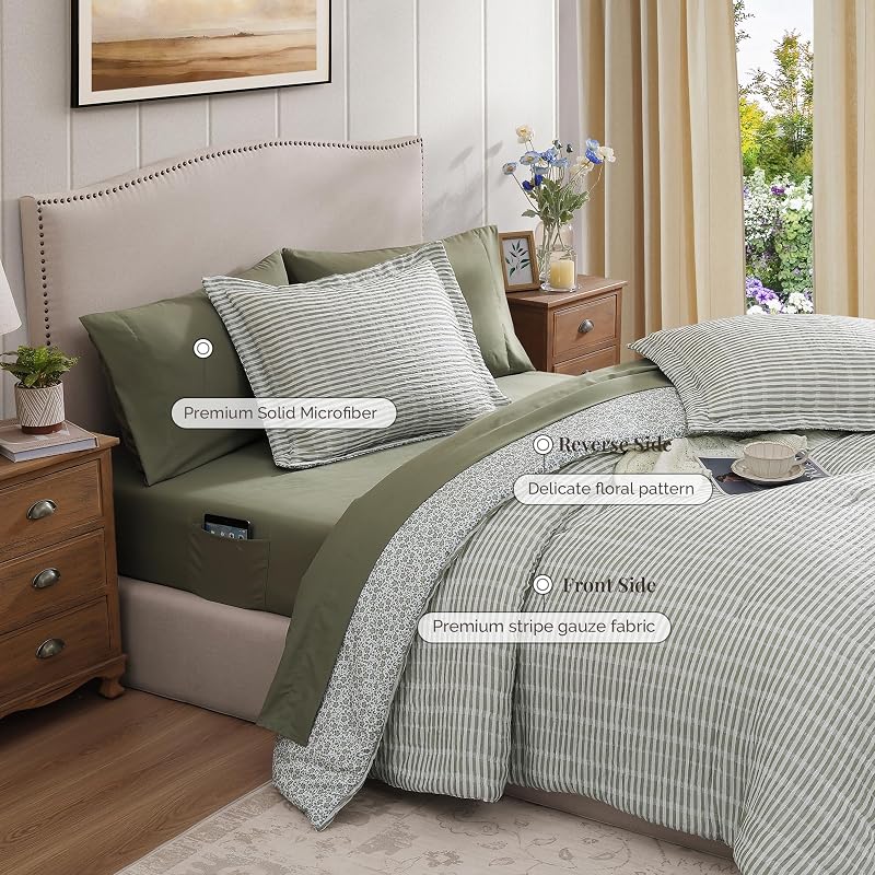 BLOOMHAVEN Queen Comforter Set-7 Pieces Green Plaid Floral Bedding Set image 5