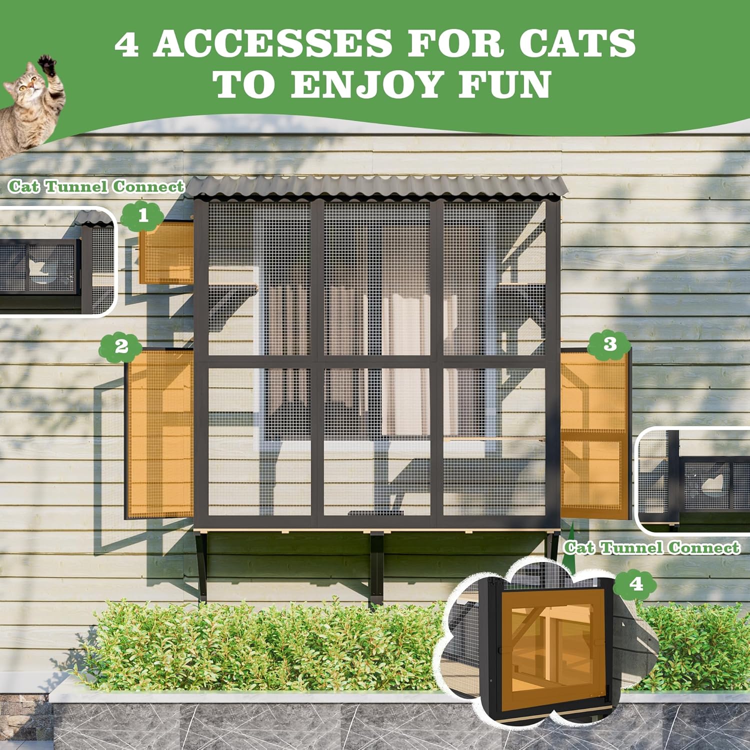 TITIMO Cat Catio, Cat Window Perch for Large Indoor Cats, Window Box Enclosure with 4 Jump Platforms, Wooden Window Hammock for Multi Kittens, All-Weather Use Outdoor Small Pet Perch House (Black)