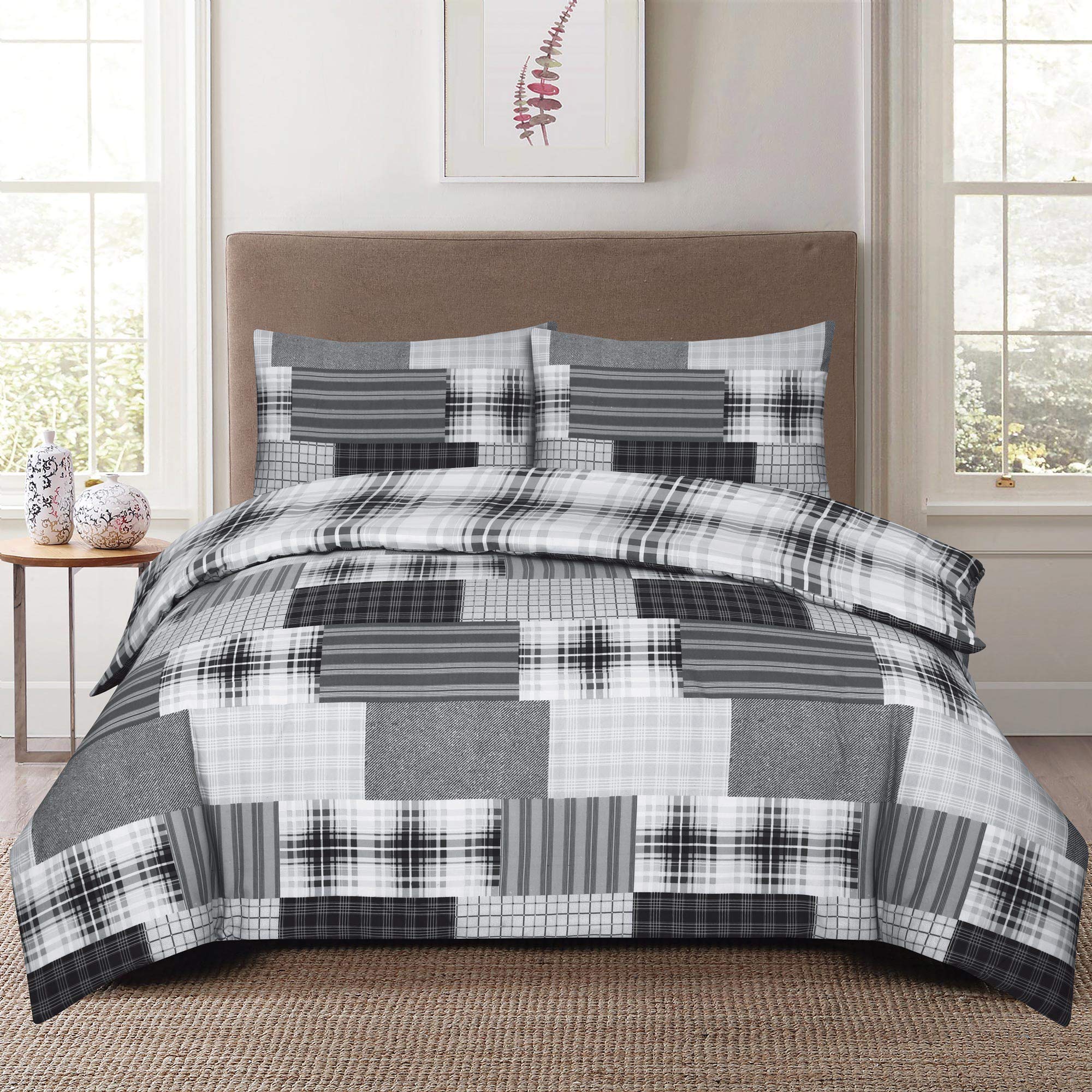 THL 3 Pieces Bedding Set Duvet Quilt Cover Pillowcase Poly Cotton (Check Grey Black, Duvet Cover King)