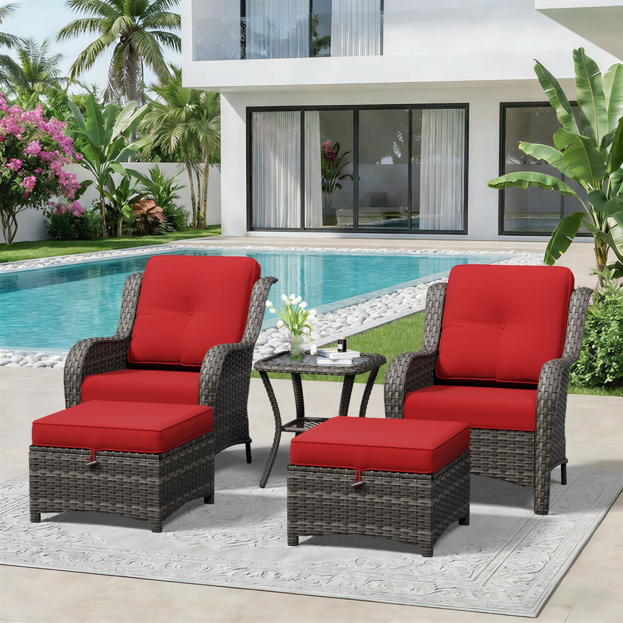 5 Piece Outdoor Wicker Patio Furniture Set, Patio Chairs Set with Thickened Olefin Cushions, High Back and Deep Seating, Hand-Woven PE Rattan, Ottoman for Porch, Deck