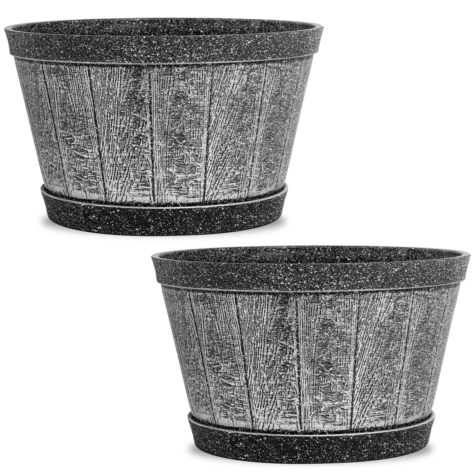 SG Traders Round Plastic Whisky Barrel Garden Pot Flower Pots Planter Tub Patio Pot Outdoor Traditional Barrel Brown with Silver Bands Garden Plant Pot Outdoors with Drainage Holes (Pack of 2)