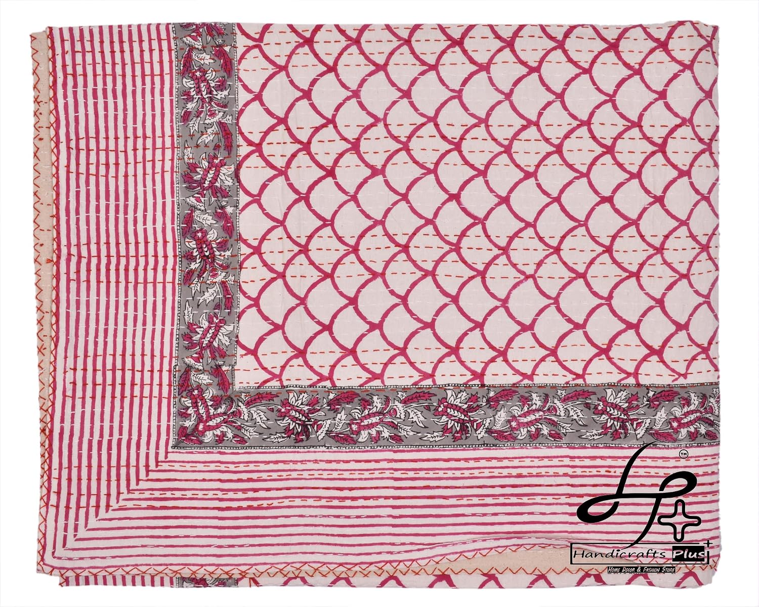 Queen Size Kantha Quilt Indian Blanket Cotton Bedding Throw Pink Color Bedspread Hippie Coverlet 90x108 Inches