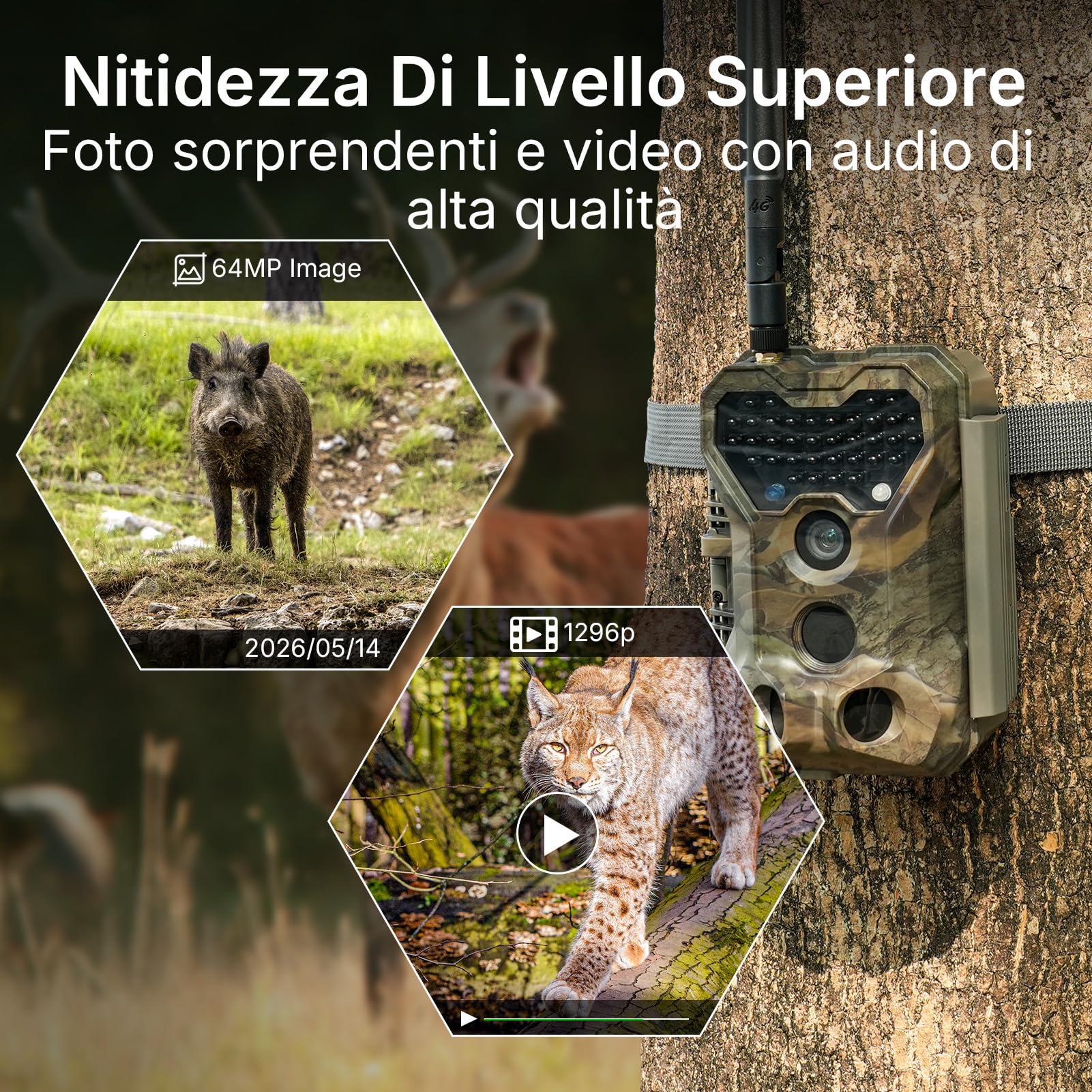 GardePro X70 Pro Fototrappola WiFi 4G LTE con Streaming Live e GPS, Batteria Ricaricabile da 7800 mAh, Scheda SD da 64 GB, 48MP 1296P Fototrappola Notturna, IP66 Foto Trappola per Animali