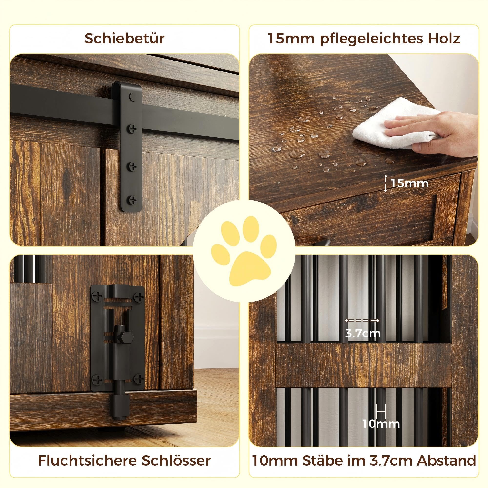 IRONCK Hundekäfig Möbel Hundebox für Zuhause mit 2 Schublade Türen Trennwand, Hundebox Holz Indoor für 2 kleine/mittlere/1 große Hunde, Beistelltisch mit Scheunentür, 106x68x88cm (Vintagebraun)