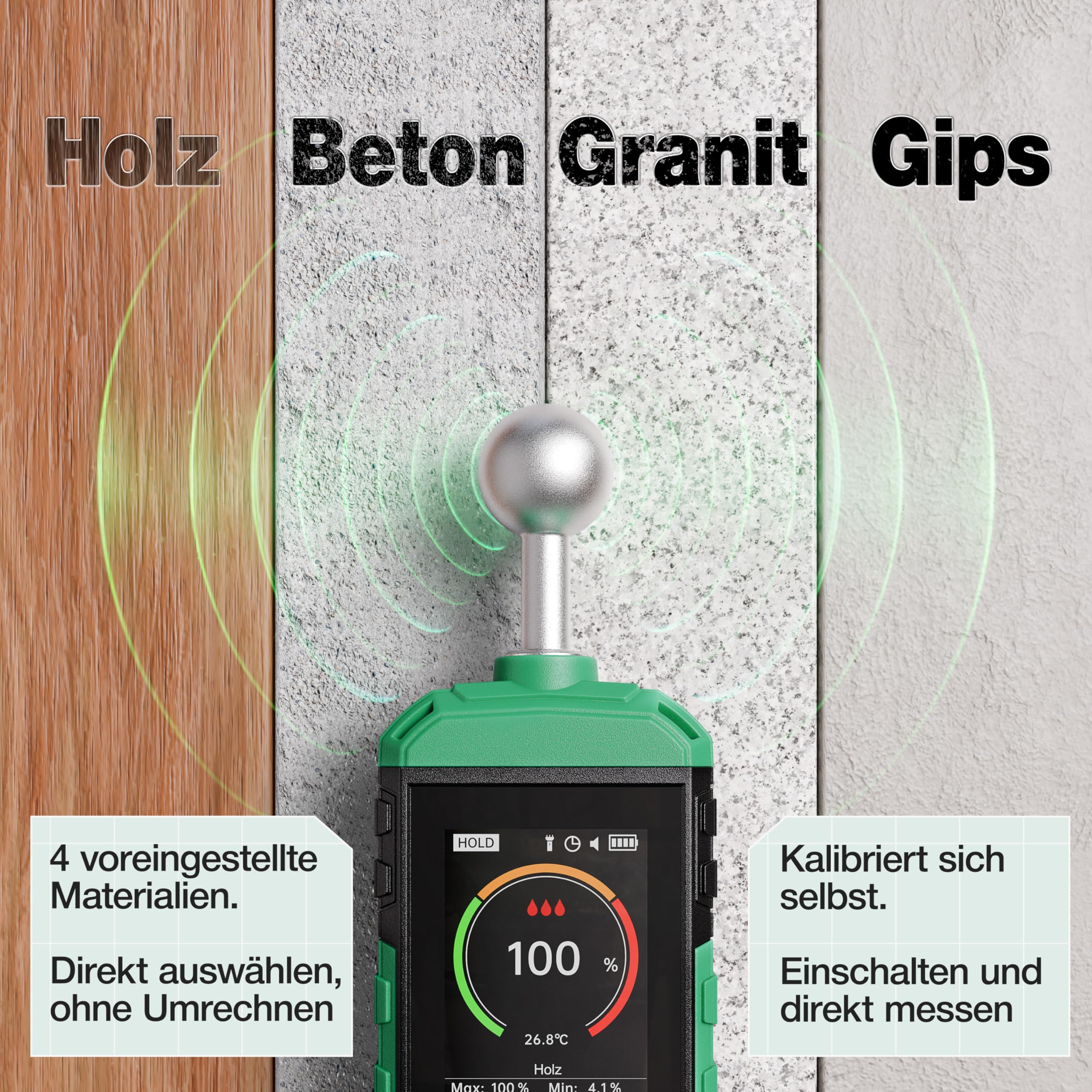 Smabix® Feuchtigkeitsmessgerät Wand I USB-C Akku, präzise Messung I geeignet für Holz, Beton, Granit, Gips – Profi Gerät - inkl. Taschenlampe, Feuchtemessgerät, Holzfeuchtemessgerät, Humidity Meter