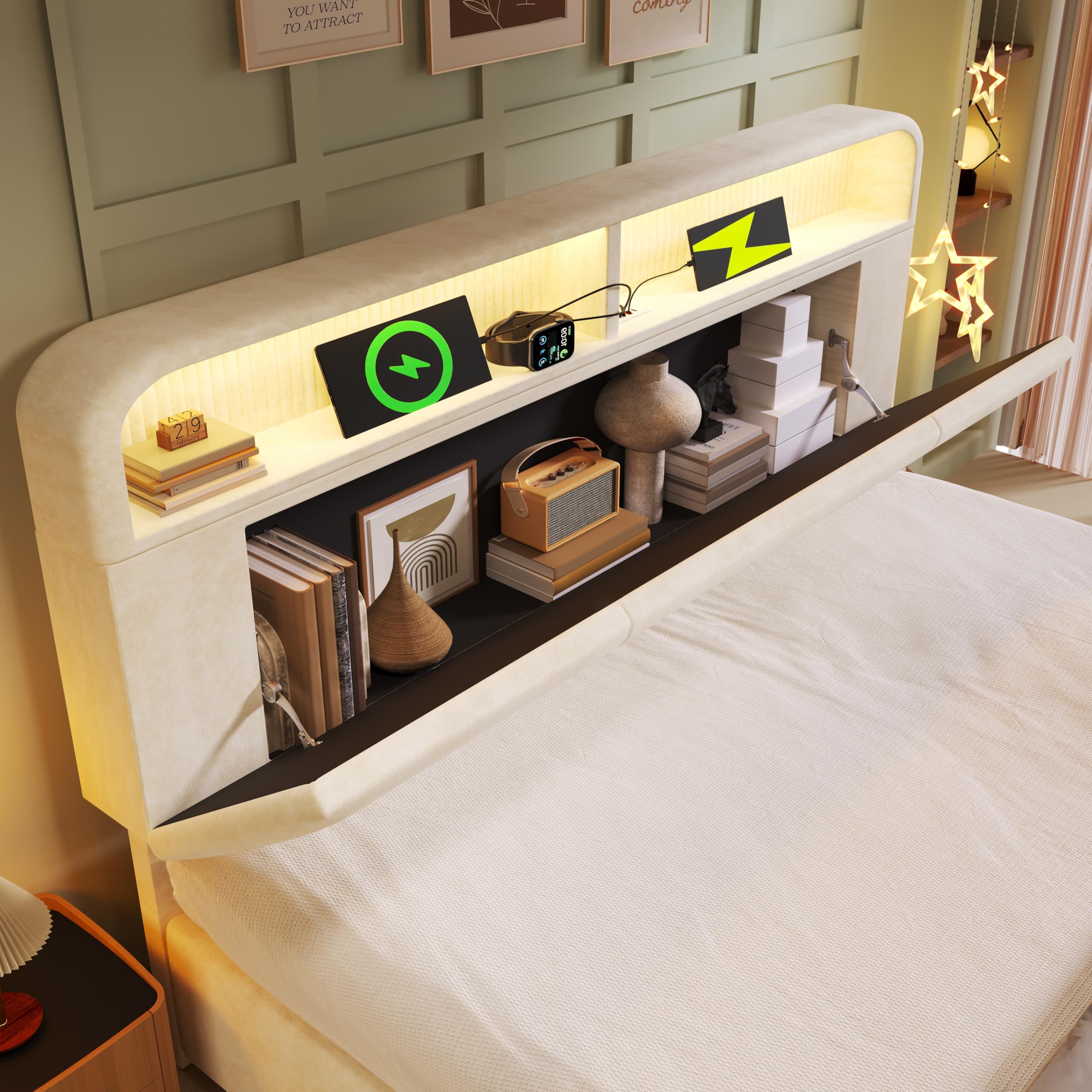 DEKKETO Doppelbett 180x200, Boxspringbett und Lattenrost mit Stauraum, kopfteil mit 3 USB und 1 Typ C-Port, Polsterbett mit LED-Beleuchtung, Samt Bett Beige, ohne Matratze