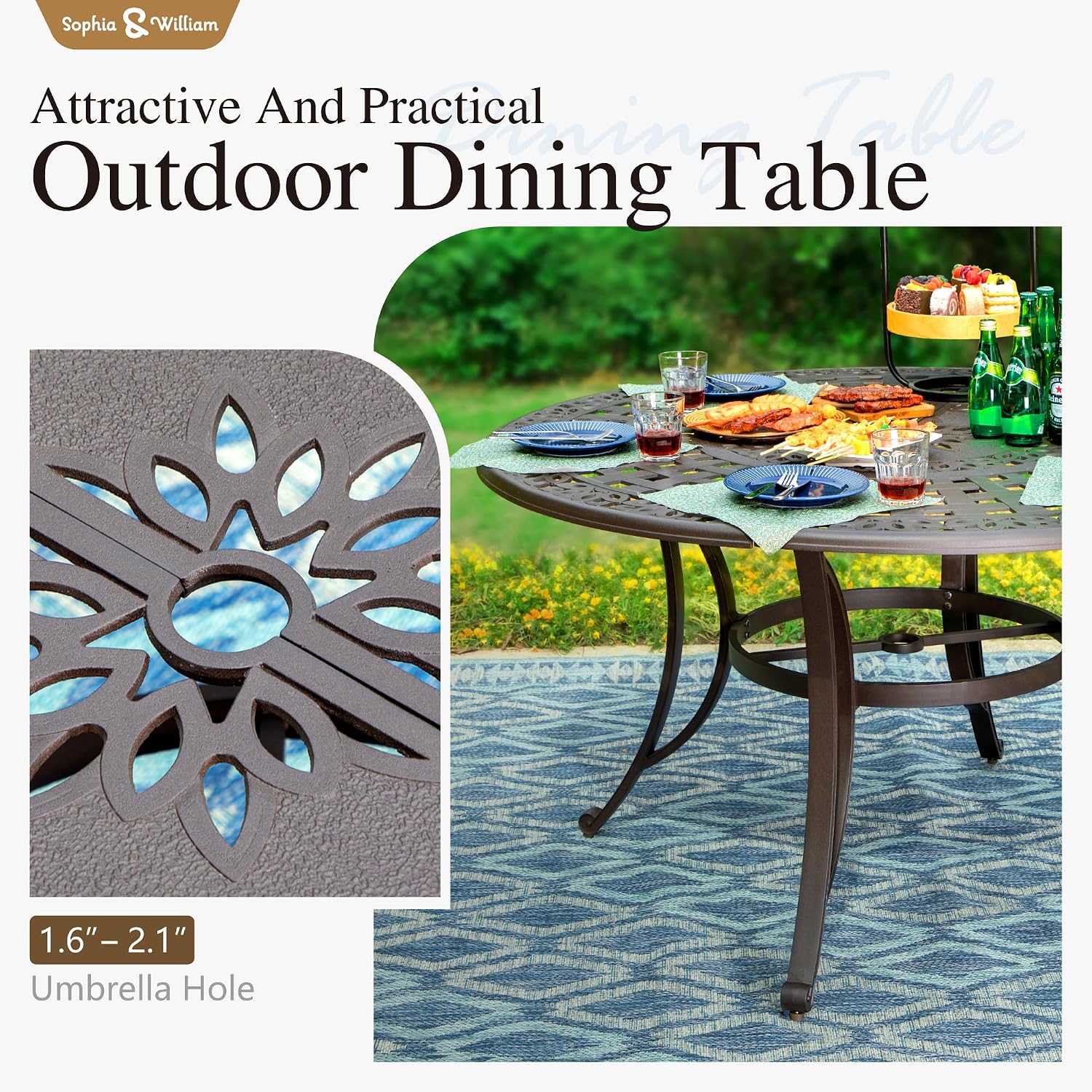 Sophia & William 7 Pieces Cast Aluminium Patio Dining Furniture Set for 6, Powder-Coating Outdoor Dining Chairs and Round Table with 2.2" Umbrella Hole for Porch Backyard Deck, Bronze