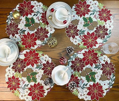 Miniatura 5 de KEVA Camino de mesa navideño de 36 pulgadas de largo, camino de mesa bordado de flor de pascua, decoración de mesa navideña para el hogar y la