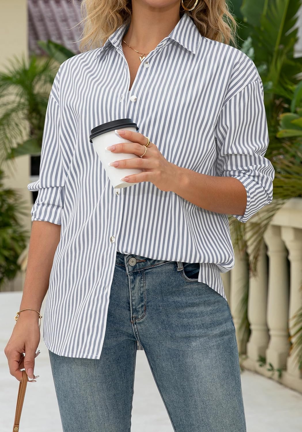 OMSJ Women's Striped Button Down Shirts Casual Long Sleeve Stylish Collared Classic Office Work Blouses Tops - Image 2