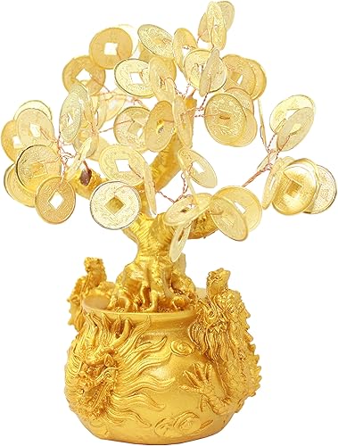 Miniatura 3 de Árbol de monedas de fortuna de oro de Feng Shui de 7 pulgadas en Dragon Pot Bonsái Decoración para el hogar Riqueza bendición regalo (D13455)