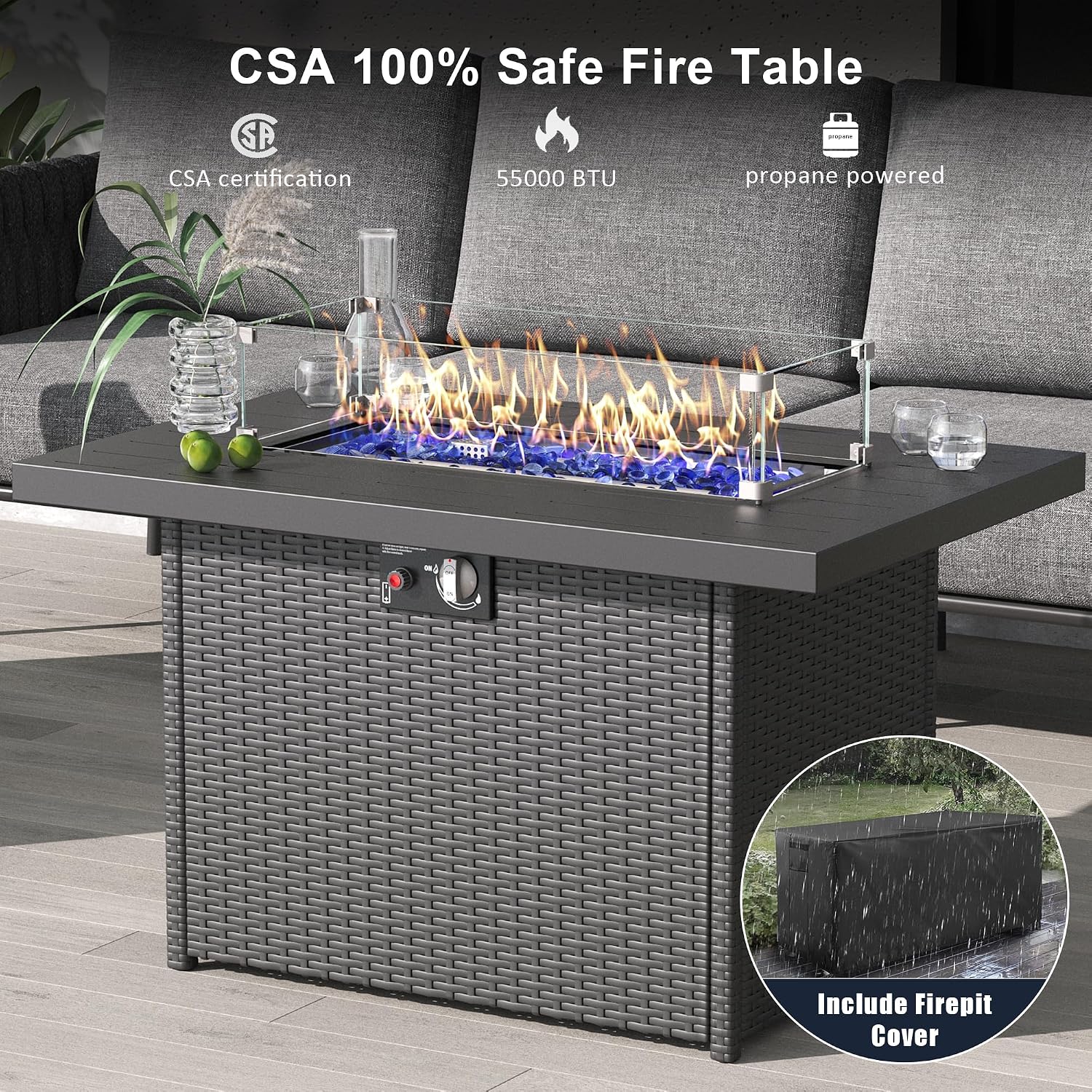 LayinSun 4 Piece Outdoor Furniture Set with Fire Pit Table, Modern Rope Woven Patio Conversation Sofa Set with Olefin Braid and Deep Seating