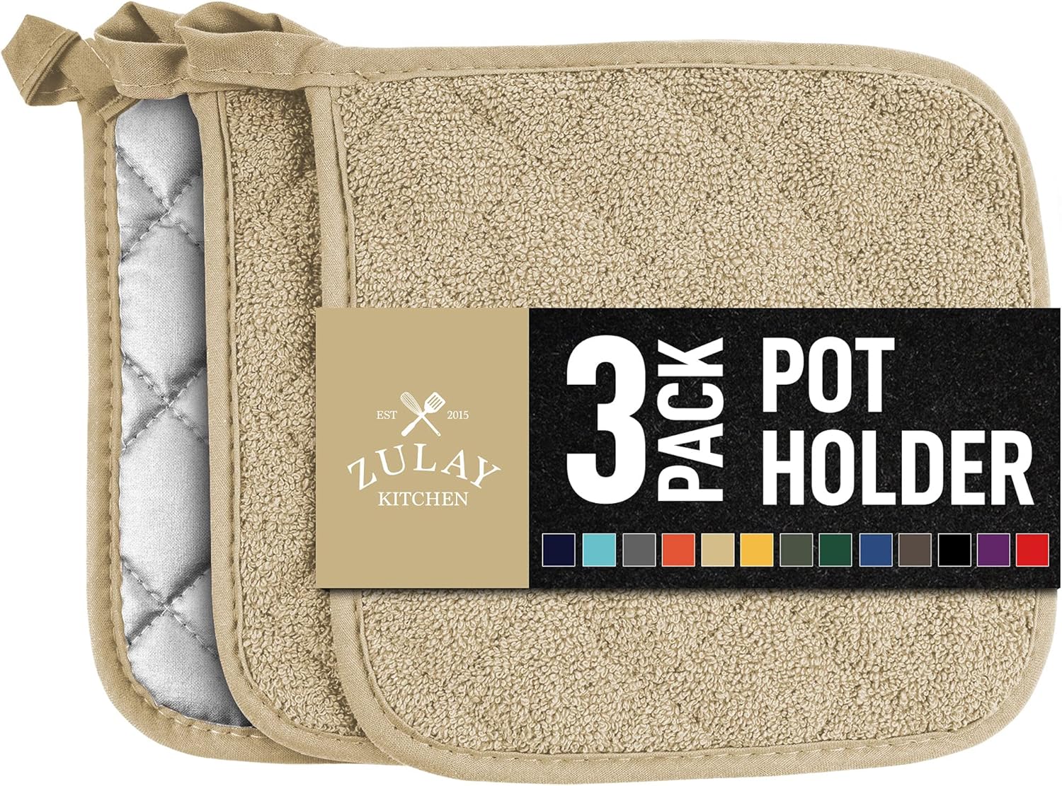 Zulay 3-Pack Pot Holders for Kitchen Heat Resistant Cotton - 7x7 Inch Hot Pot Holder Set - Quilted Terry Cloth Potholders for Kitchens - Washable Potholder for Cooking & Baking (Mocha) : Home & Kitchen