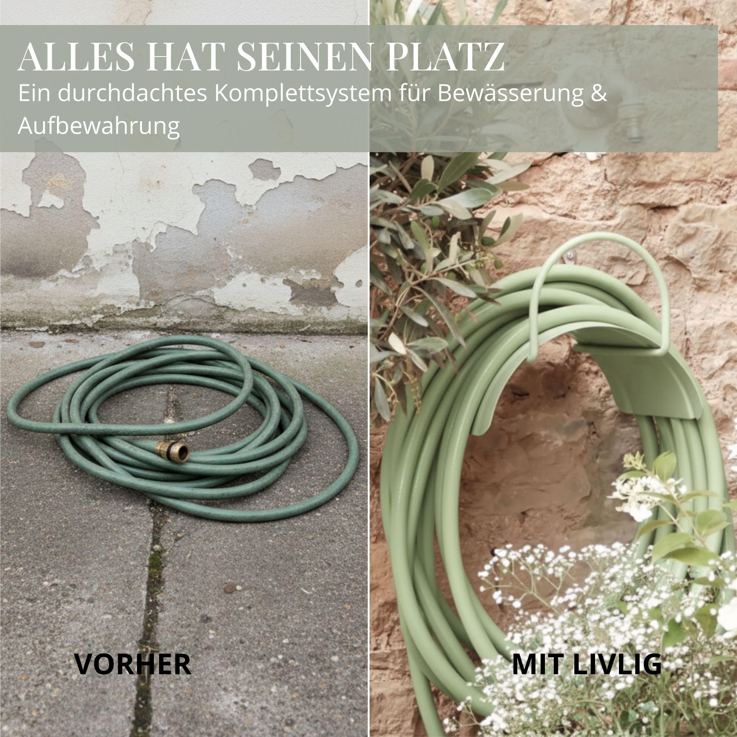 LIVLIG Gartenschlauch Set 20 m– Gartenbewässerungs-Komplettset mit 1/2 Zoll Wasserschlauch, Wandhalterung aus Stahl & Messing-Gartenspritze – Schlauch Set 20m inkl. Kupplungen, Grün