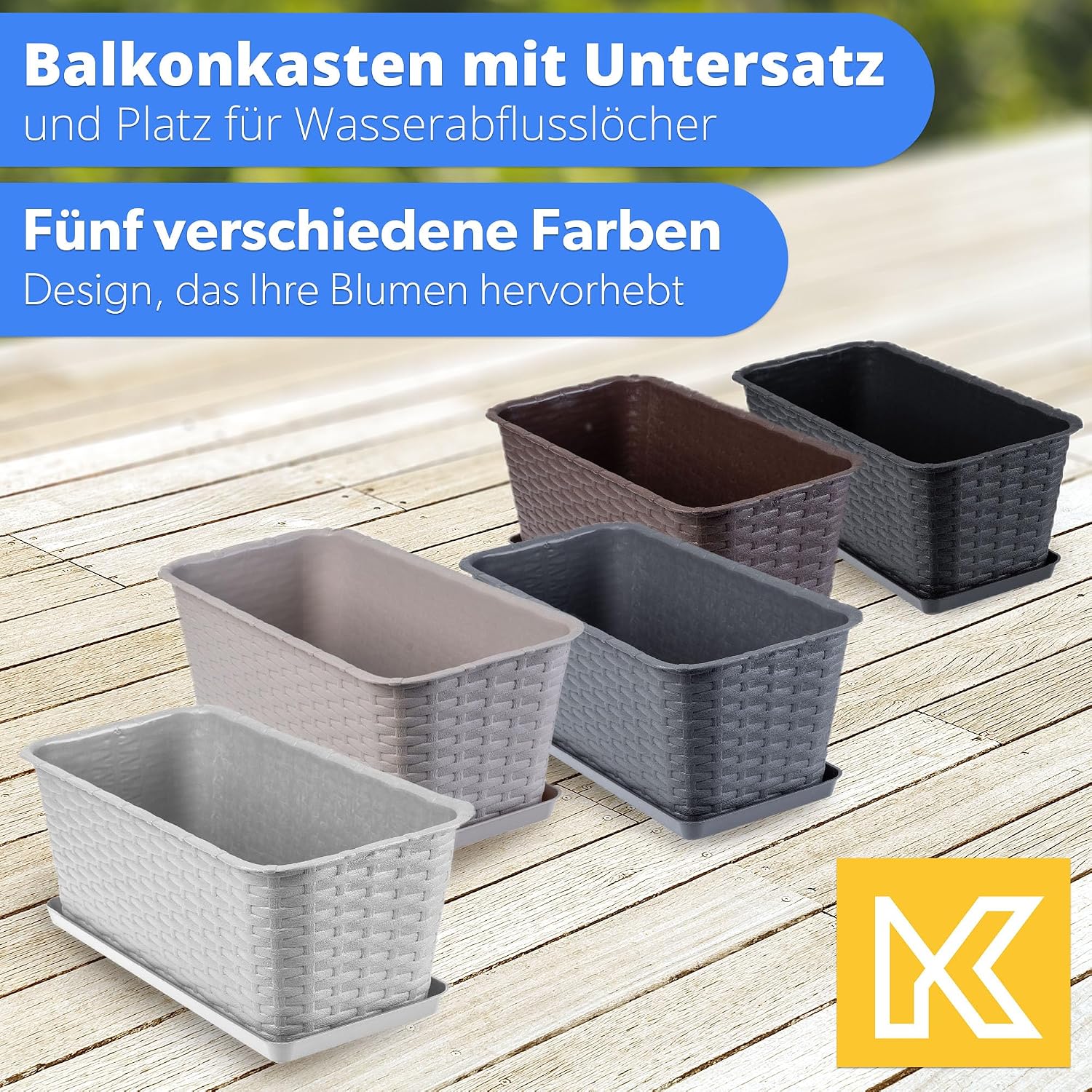Multiple KADAX Balcony Planters in various colors, showing drainage holes