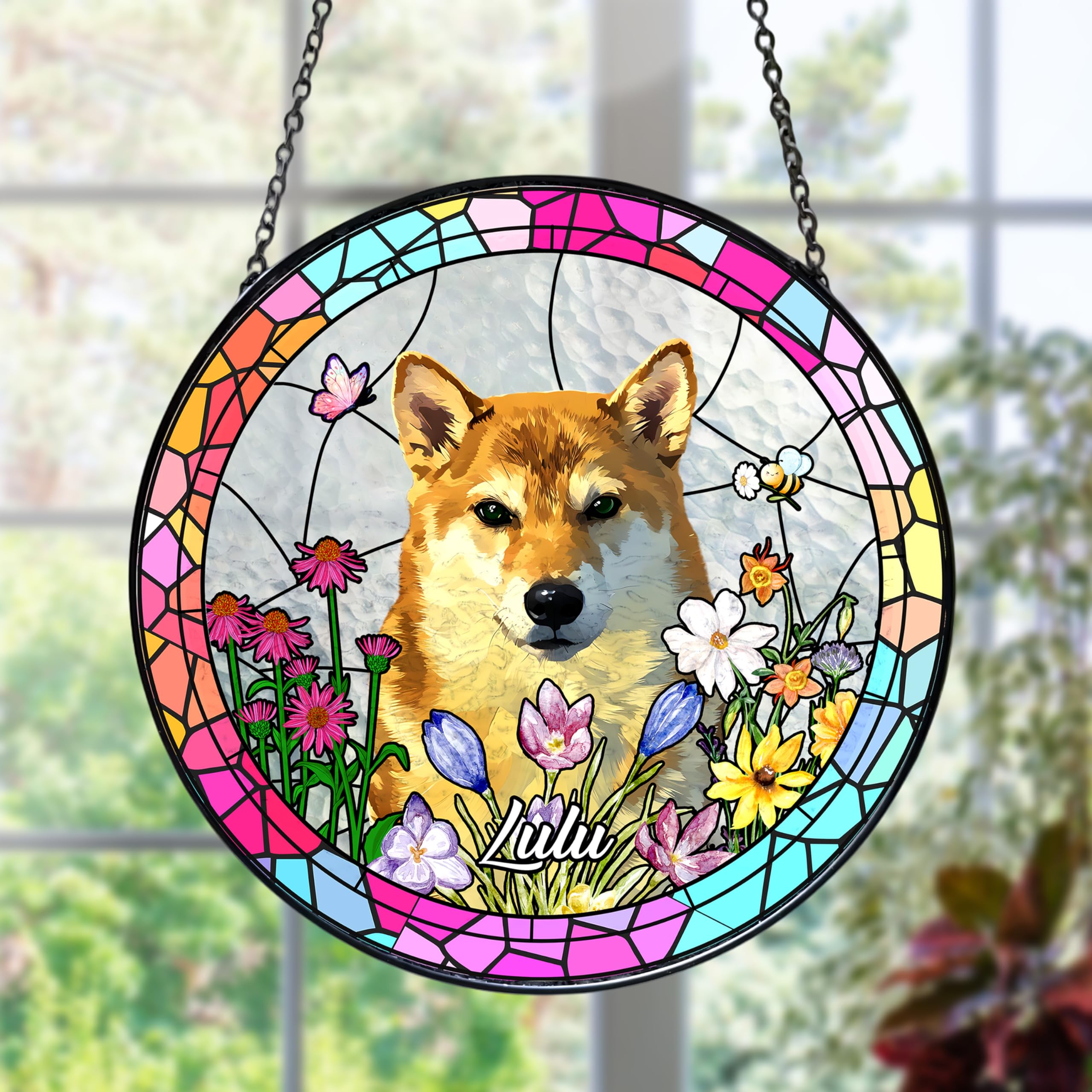 Custom Pet Suncatcher - Personalized Coloured Glass Decoration, Unique Dog or Cat and Sunflower Hanging Decor for Windows, Memorial Gift for Family
