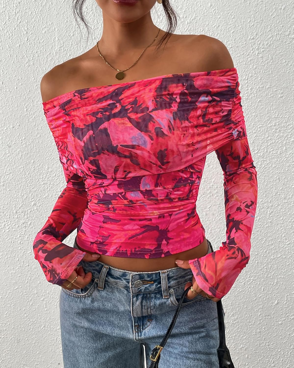 PRETTYGARDEN Womens Tops 2026 Spring Off The Shoulder Long Sleeve Fitted Y2k Shirts Floral Ruched Mesh Going Out Outfits - Image 8