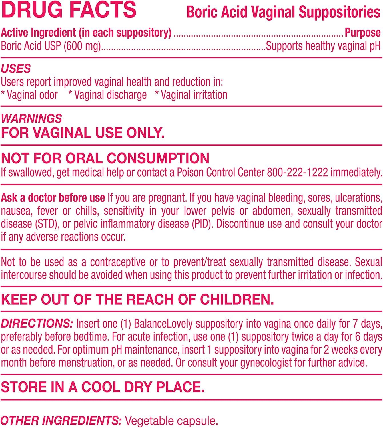 Boric Acid Suppositories with applicators -100% Pure Boric Acid -600mg in Vegan Capsules- Supports Feminine Hygiene & Vaginal pH - Balances and Promotes Vaginal Health