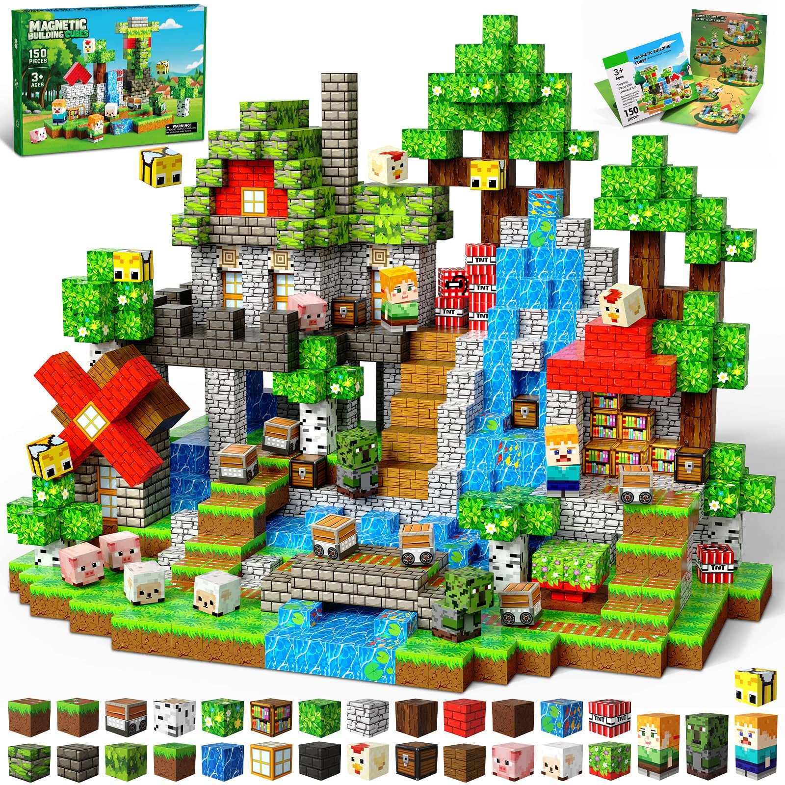 Magnetic Blocks, 150PCS Magnetic Building Blocks, Stacking Magnets for Kids, Sensory Toy for STEM Constructions Magnet Blocks for Boys Girls Age 3 4 5 6 7 8-12 Birthday Gifts, Green Villager Forest