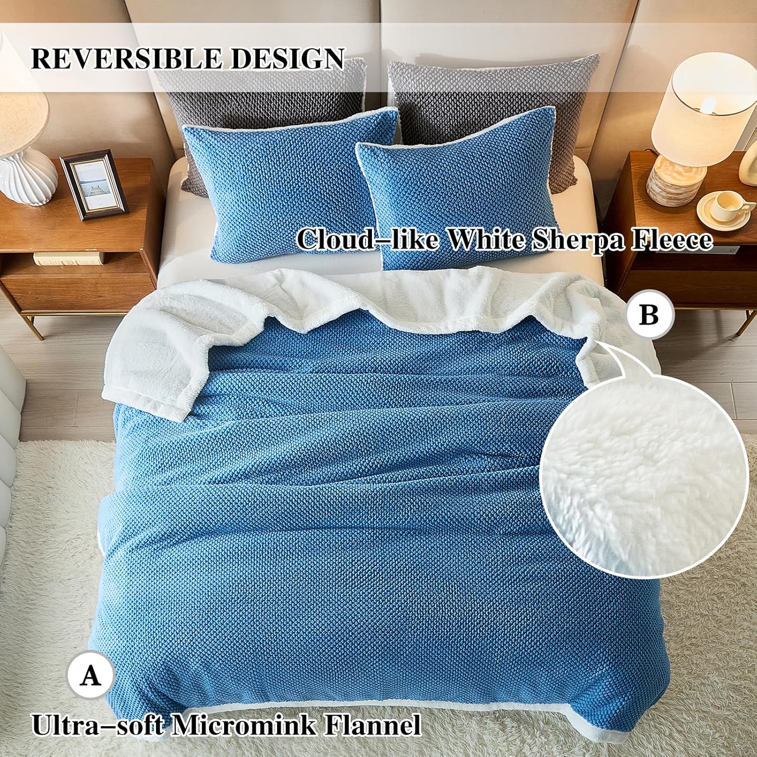 Luxury Flannel Fleece Sherpa Blankets Queen Size for Bed, Jacquard Boho 3-Layer Thick and Warm Blanket for Winter, Soft Cozy Fuzzy Plush Velvet Blanket with 2 Pillow Cases, Blue, 88x88 Inches - Image 4