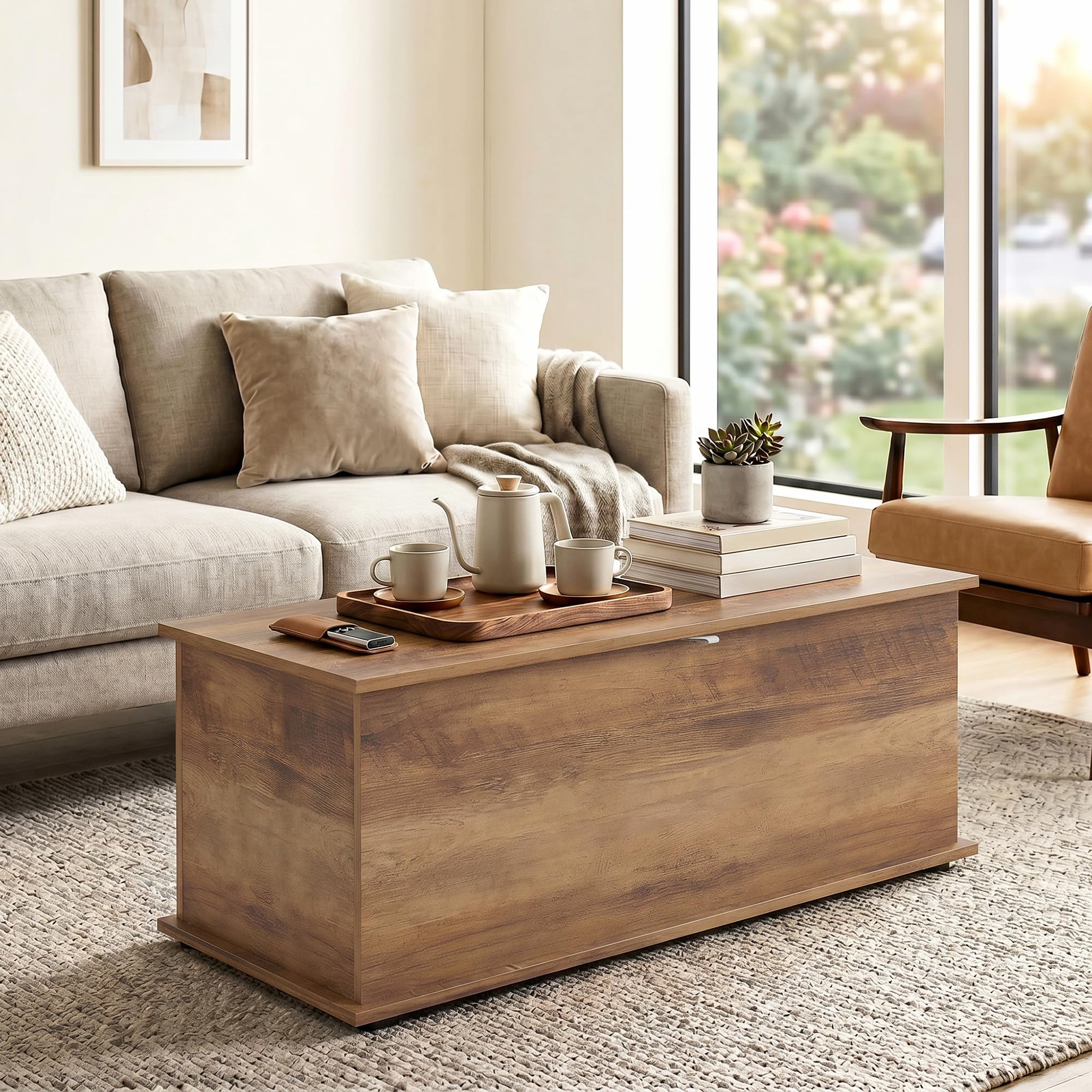 HOMCOM Cassapanca Contenitore da Interno 113L con Coperchio Ribaltabile, Baule Contenitore per Soggiorno e Ingresso, Panca Contenitore, Effetto Legno Marrone