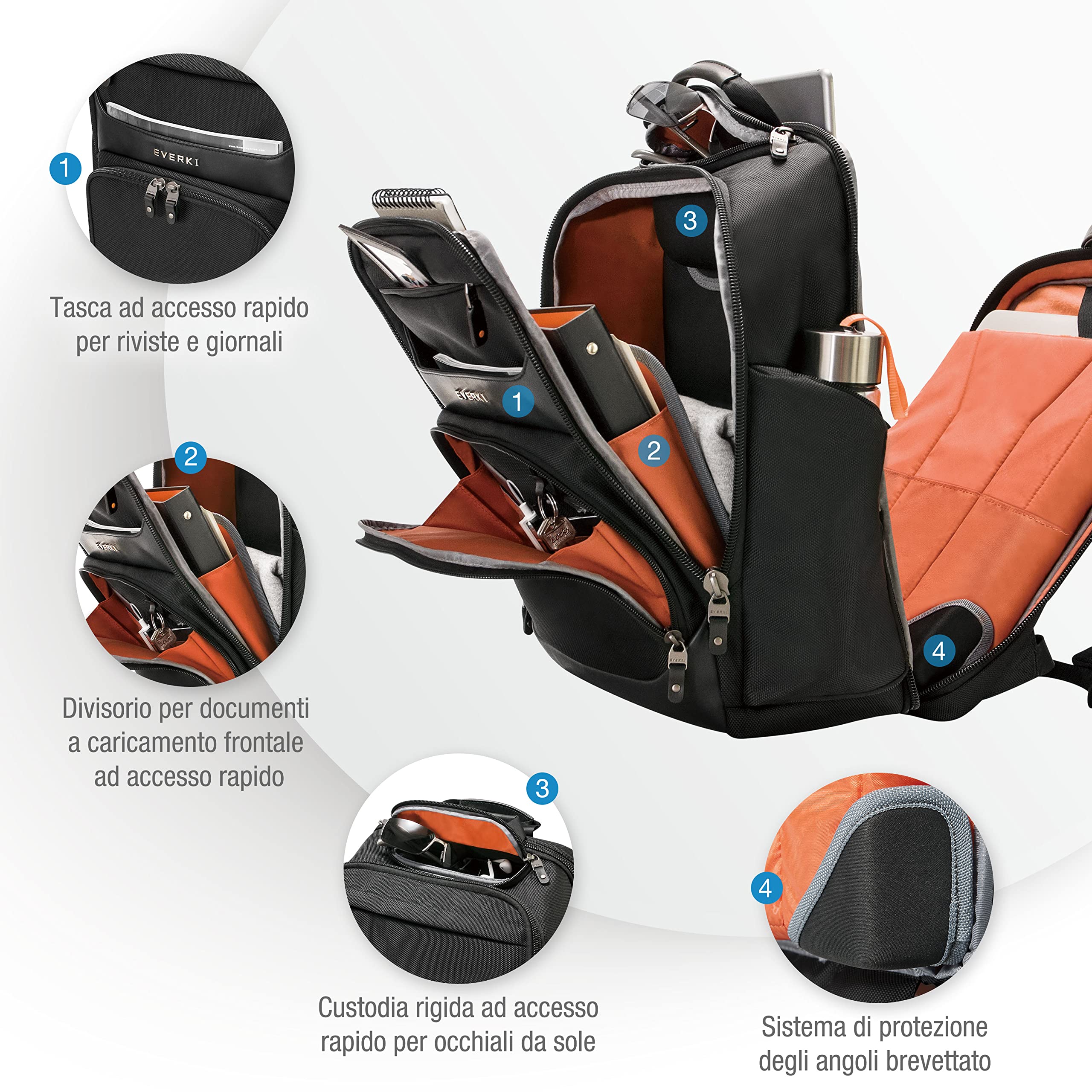 Everki Onyx 17 zaino laptop executive – nylon balistico e pelle, scomparto dedicato fino a 17,3", tasca per elettronica imbottita, 36 L – Nero (EKP132S17)