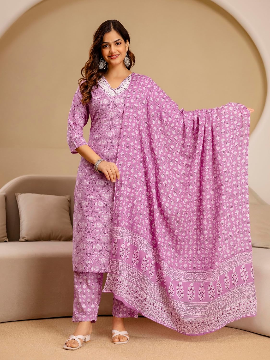 TRENDMALLS Women’s Pure Cotton Floral Print Kurta Pant with Dupatta Set | Embroidery Neck Work Kurta Set Ethnic Wear