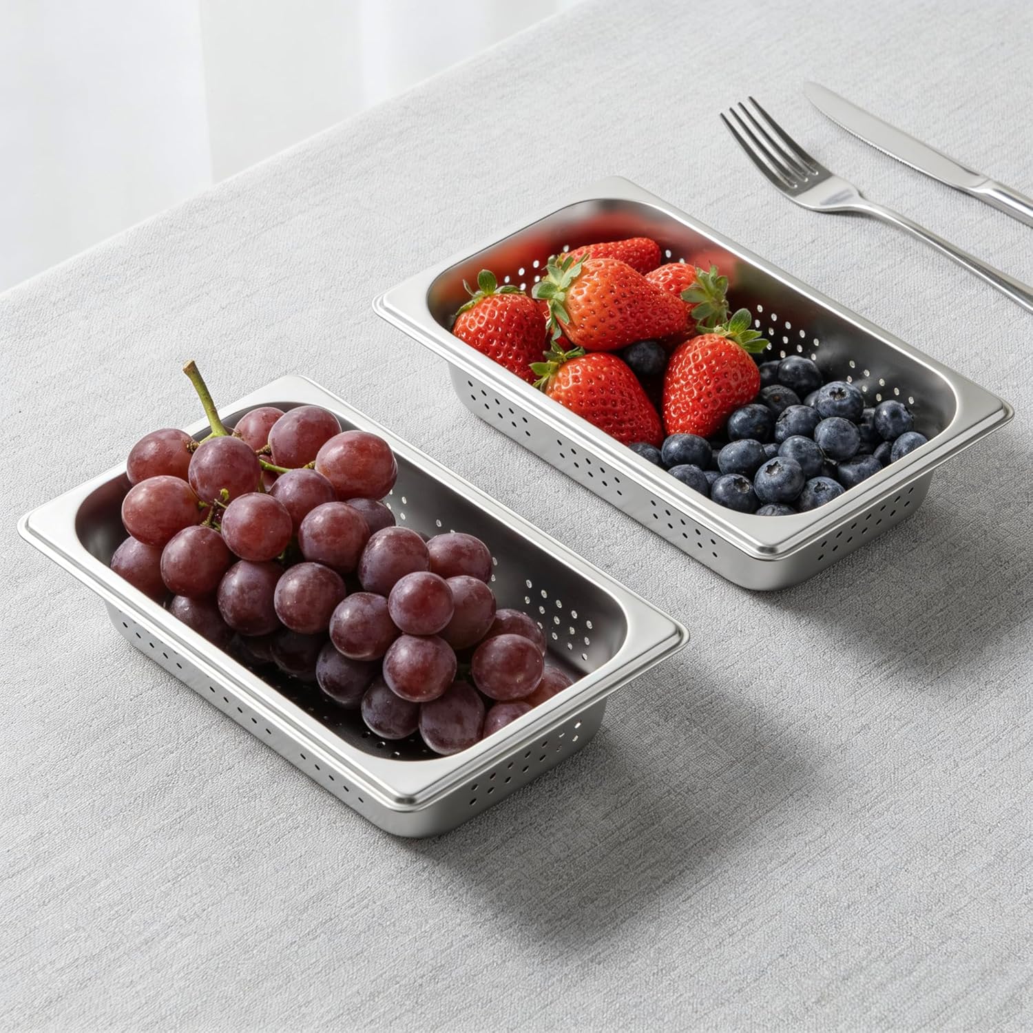 2 Pcs Filtering Pans, 2"Deep Anti-Jam Perforated Pan Stainless Steel Steam Pan Filter Basket, 1/3 Size Vegetable Fruit Washing Basin Food Pans Chafing for Hotel Catering Kitchen Restaurant