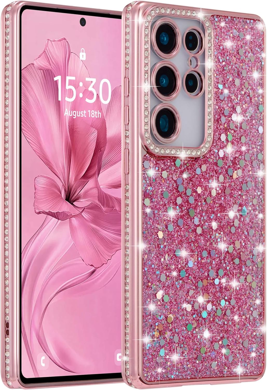FABSPARK Case for Samsung Galaxy S25 Plus,Glitter Crystal Diamond Rhinestone Sequin Shiny Bling Sparkly Glossy Luxury Electroplated,Aesthetic Cute Full Protection for Samsung Galaxy S25 Plus,Pink
