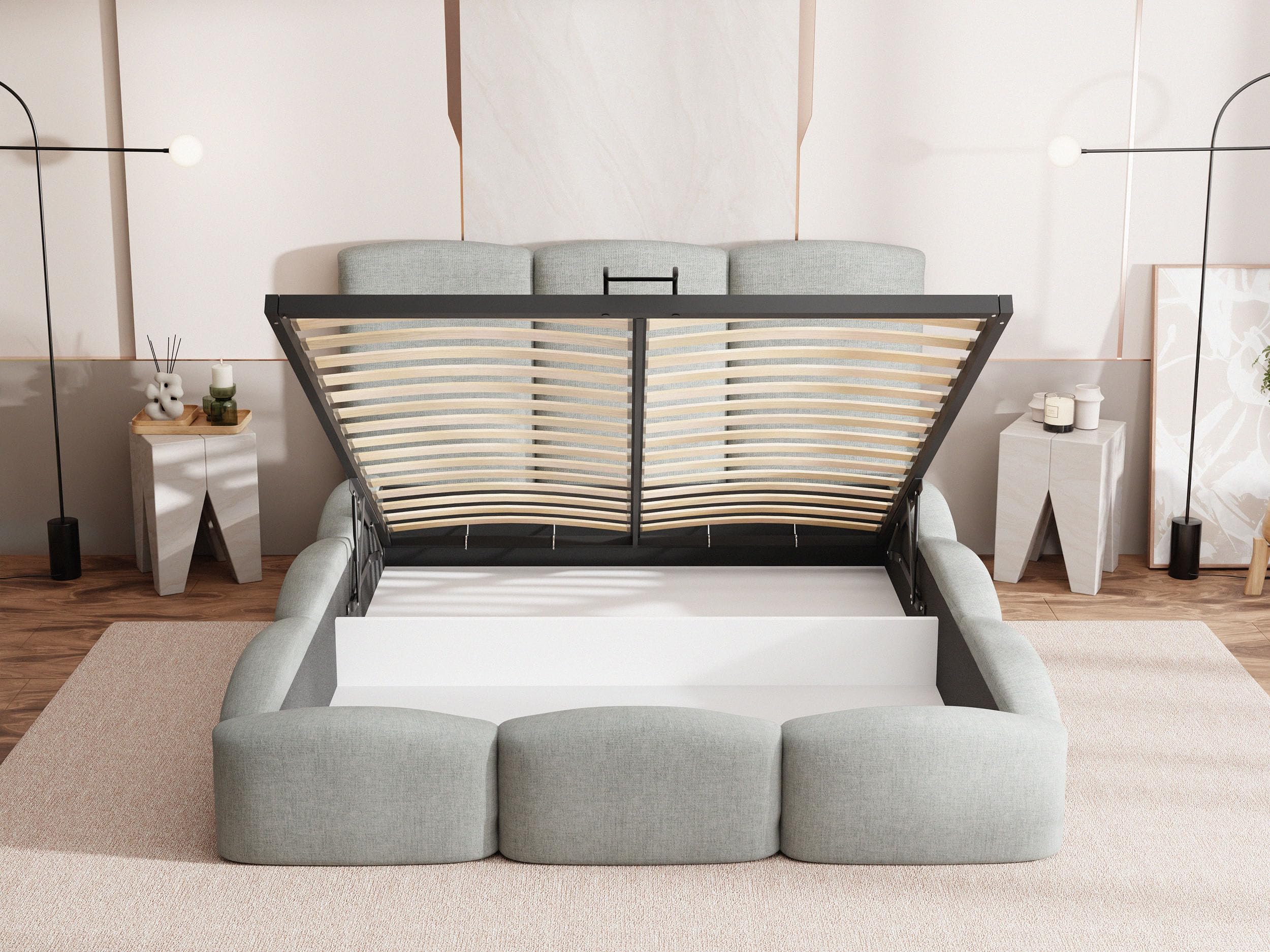 REXO Tweepersoonsbed met lattenbodem, gestoffeerd bed met 4 laden, opbergruimte bed, in hoogte verstelbaar hoofdeinde en vierkant naaidesign, metalen lattensteun, linnen materiaal (140 x 200 cm REXO Tweepersoonsbed met lattenbodem, gestoffeerd bed met 4 laden, opbergruimte bed, in hoogte verstelbaar hoofdeinde en vierkant naaidesign, metalen lattensteun, linnen materiaal (140 x 200 cm